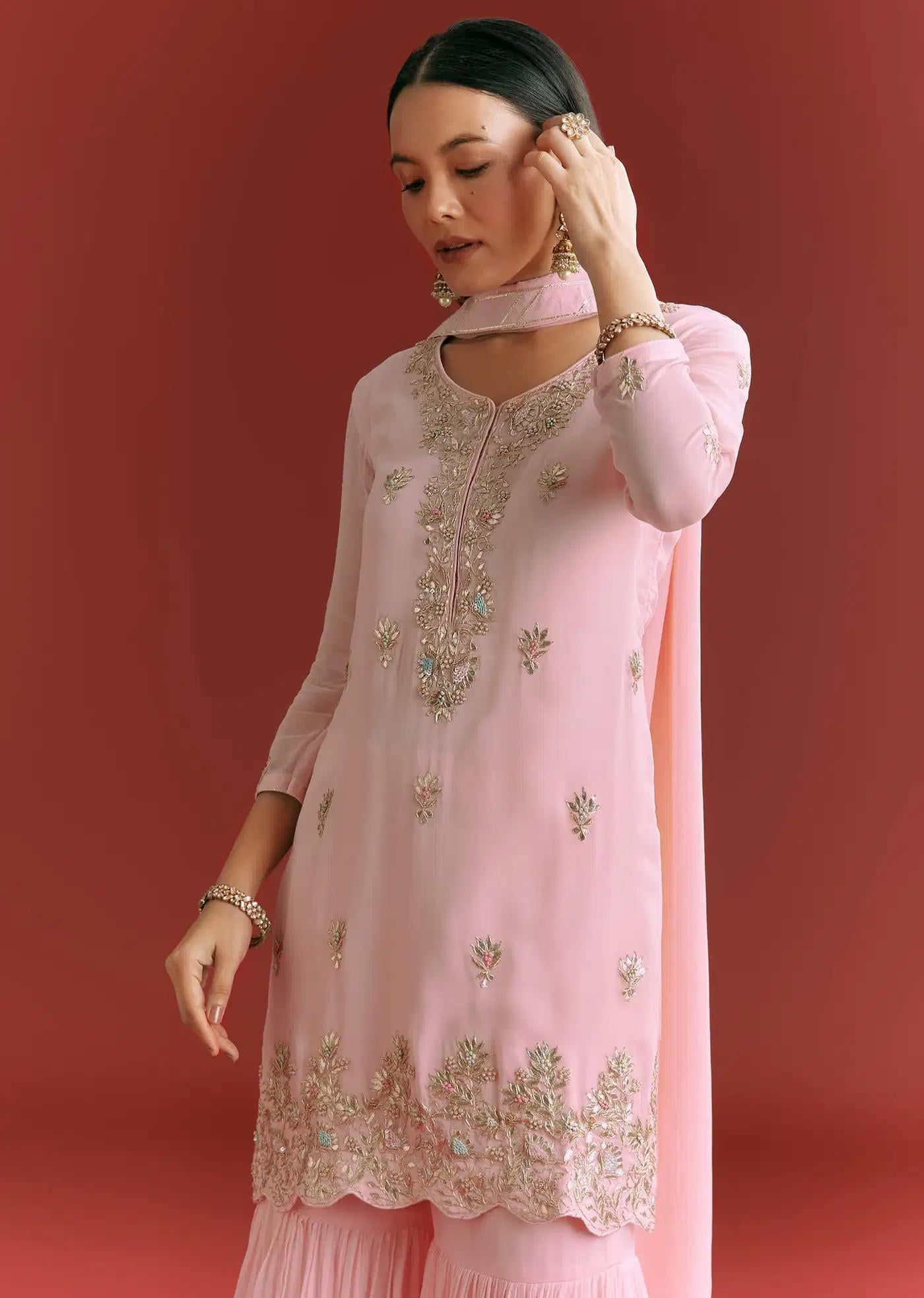 Baby Pink Georgette Tunic Sharara Trousers Outfit Featuring Organza Drape Moti Detailing