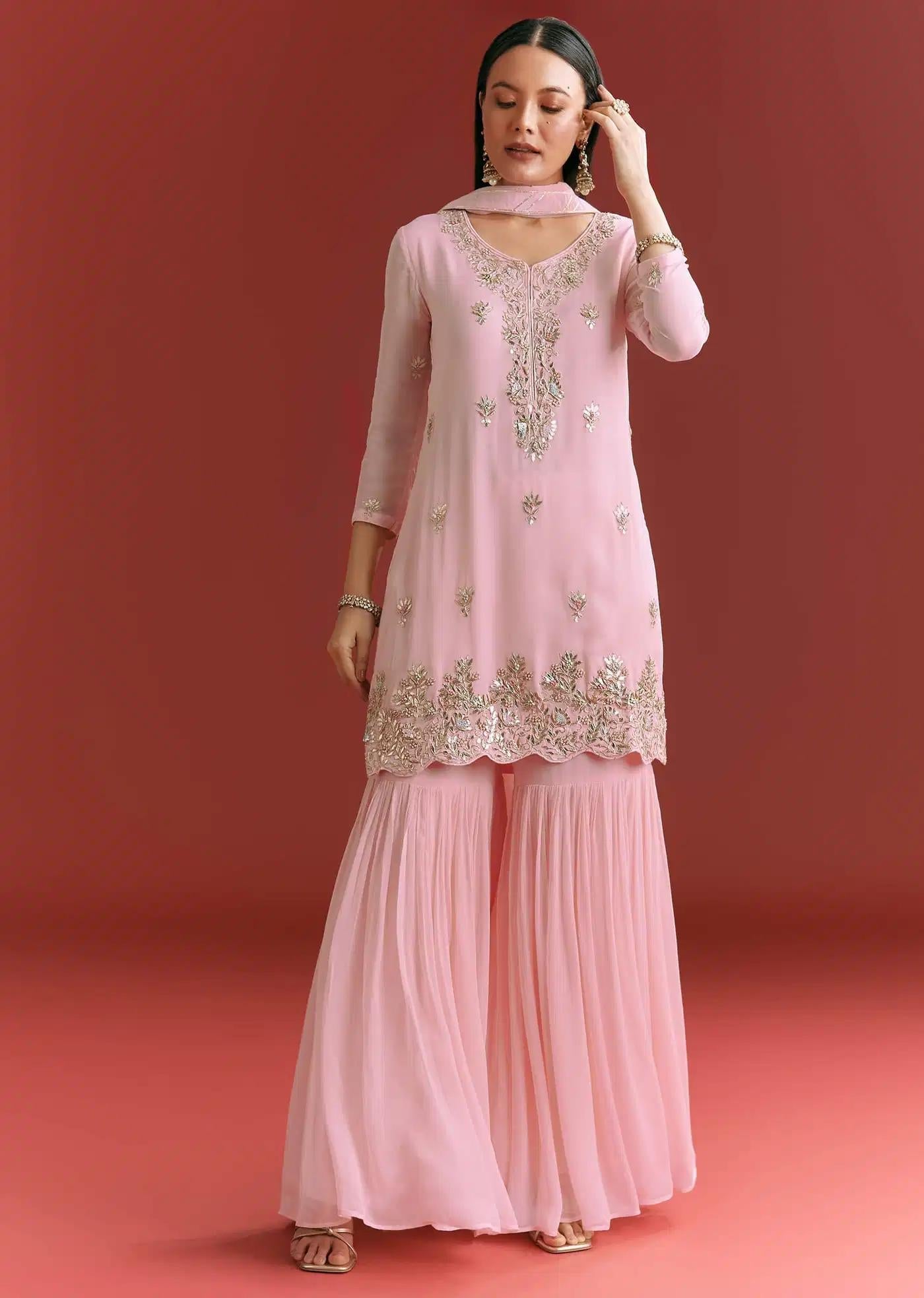 Baby Pink Georgette Tunic Sharara Trousers Outfit Featuring Organza Drape Moti Detailing