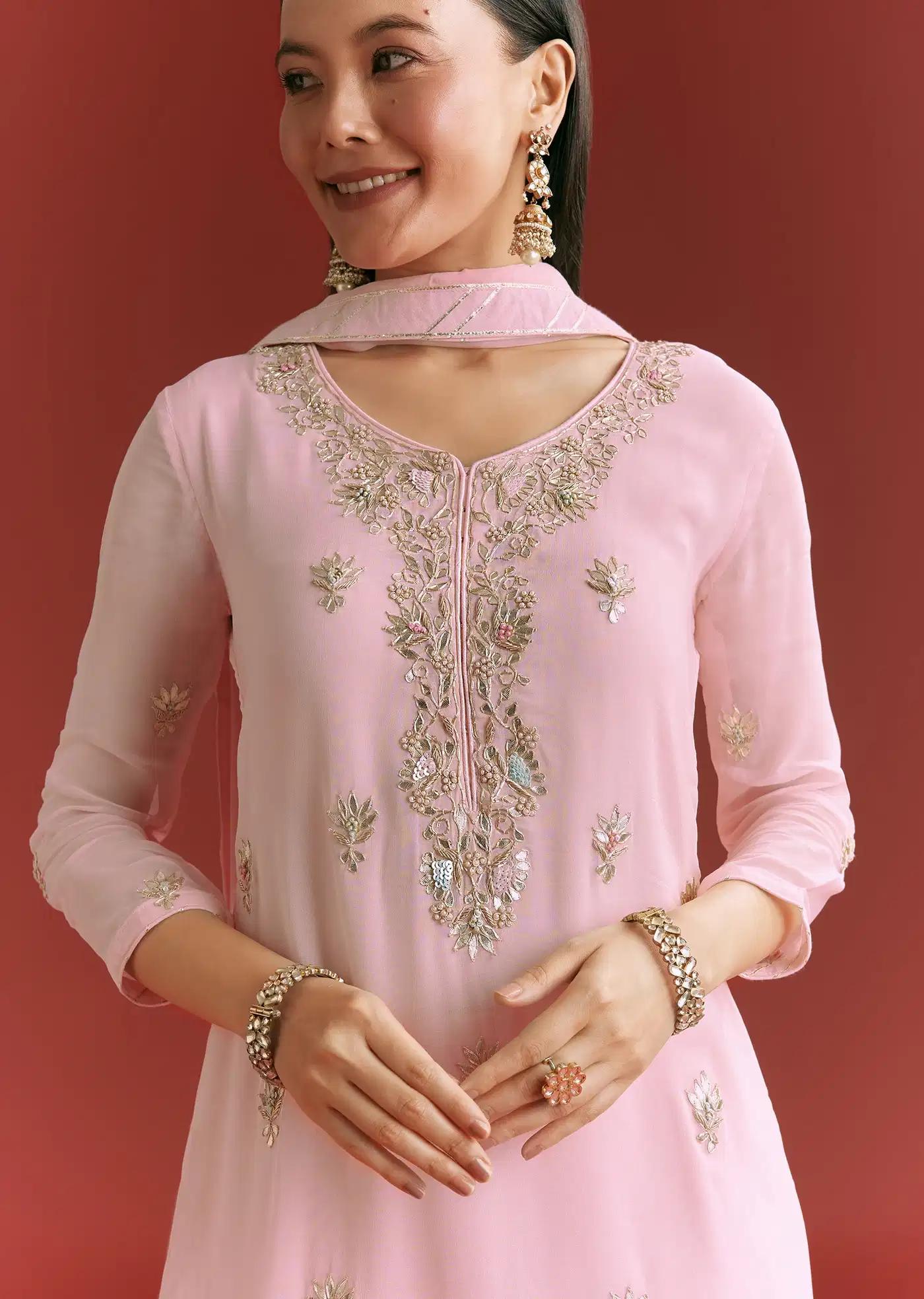 Baby Pink Georgette Tunic Sharara Trousers Outfit Featuring Organza Drape Moti Detailing