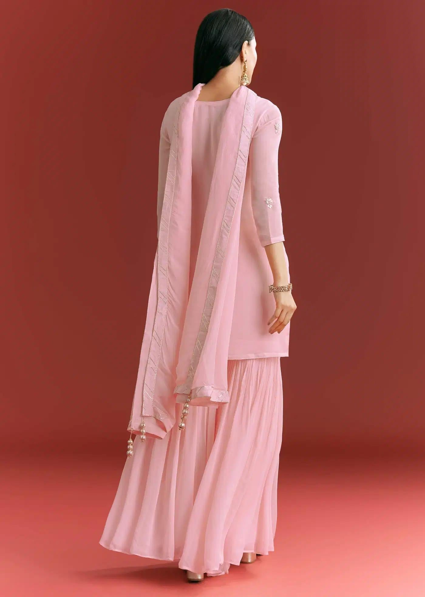 Baby Pink Georgette Tunic Sharara Trousers Outfit Featuring Organza Drape Moti Detailing