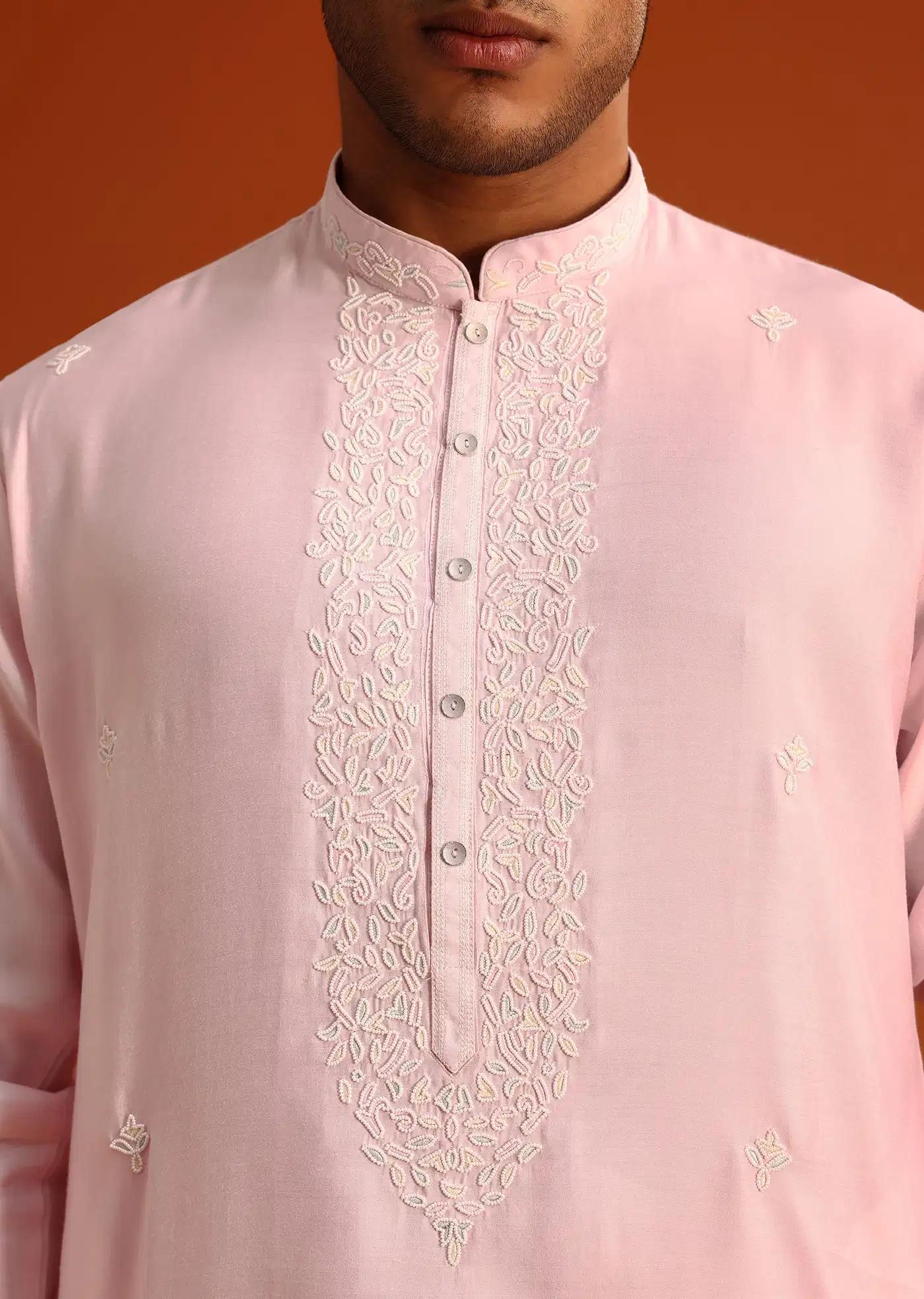 Baby Pink Hand Embroidered Kurta Set In Silk Elegant Designer Kurta Sets