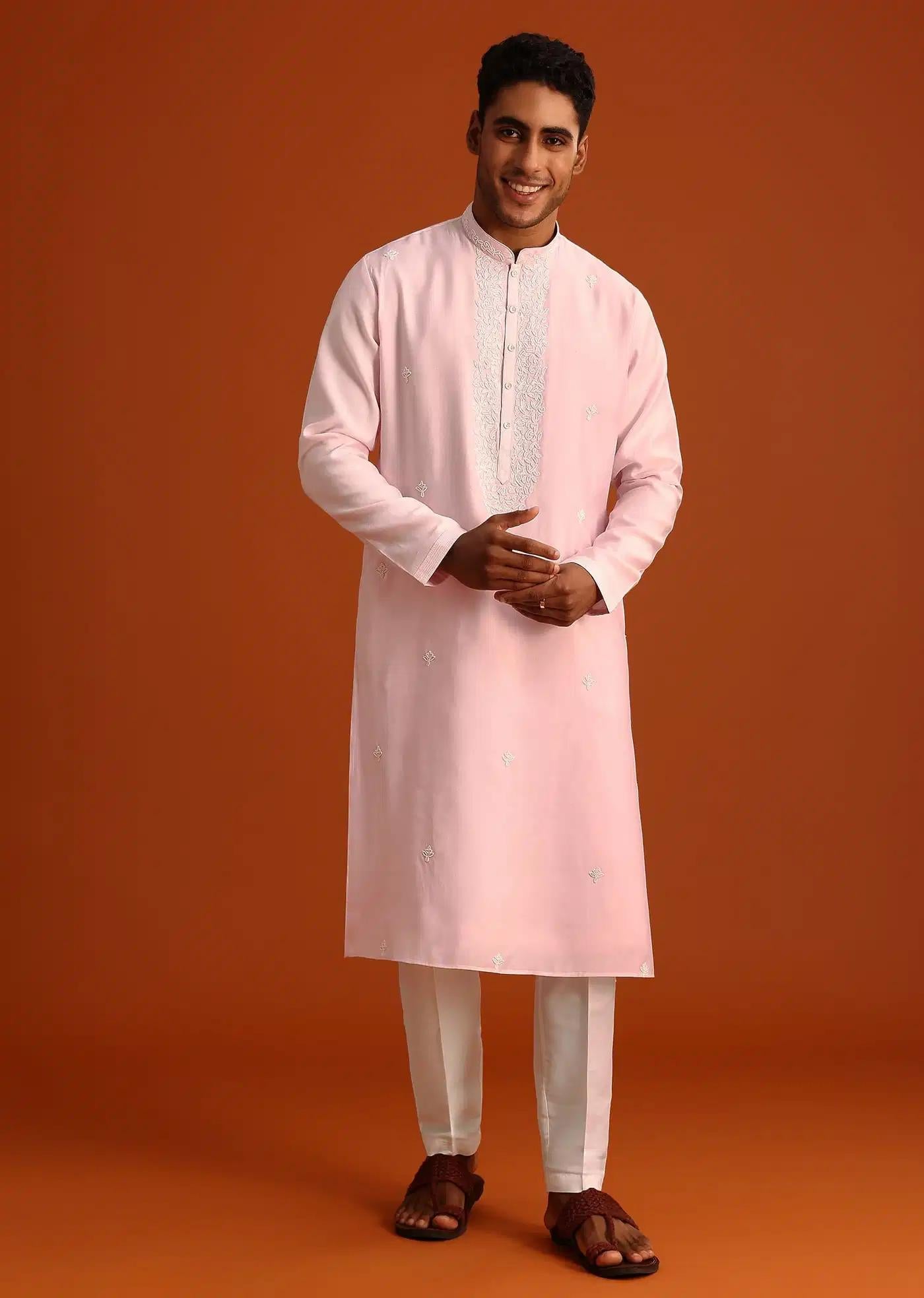 Baby Pink Hand Embroidered Kurta Set In Silk Elegant Designer Kurta Sets