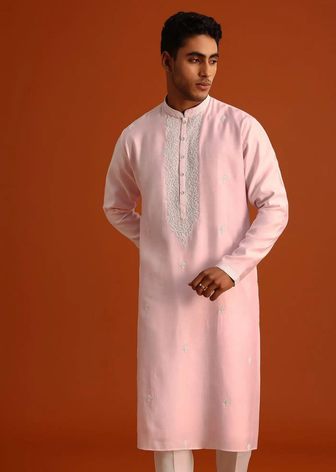 Baby Pink Hand Embroidered Kurta Set In Silk Elegant Designer Kurta Sets