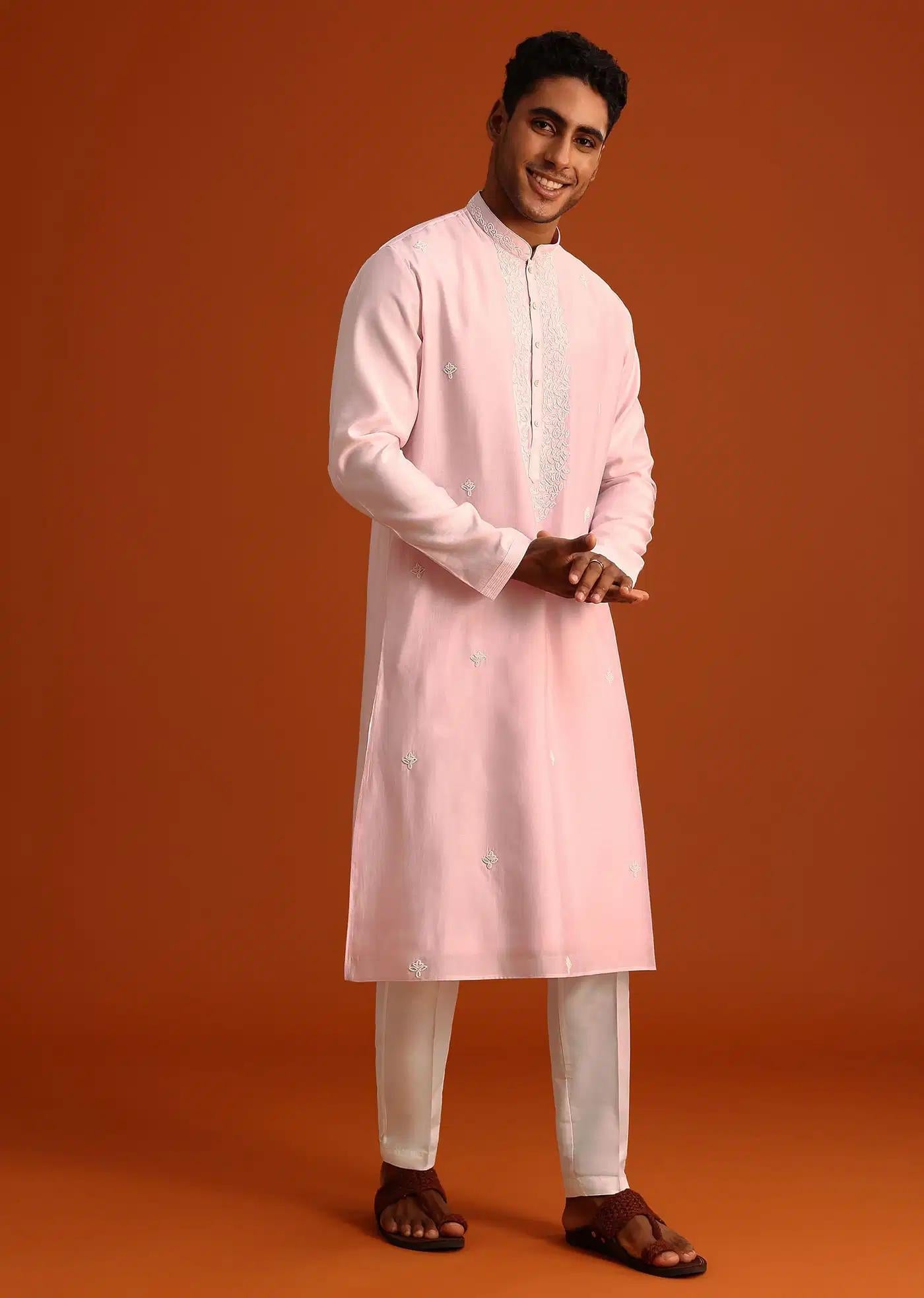 Baby Pink Hand Embroidered Kurta Set In Silk Elegant Designer Kurta Sets