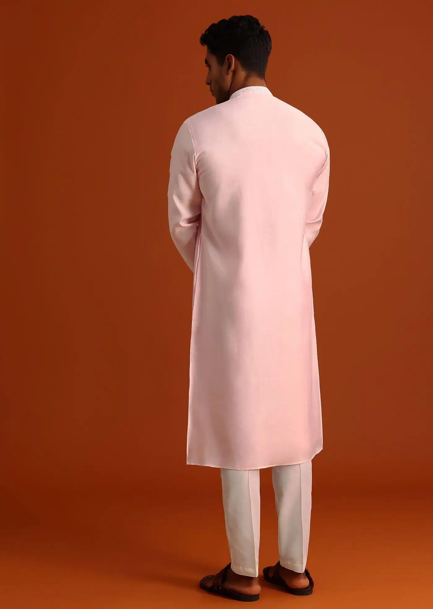 Baby Pink Hand Embroidered Kurta Set In Silk Elegant Designer Kurta Sets