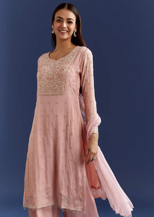 Baby Pink Moti Handcrafted Detailing Tunic Ensemble Featuring Drape