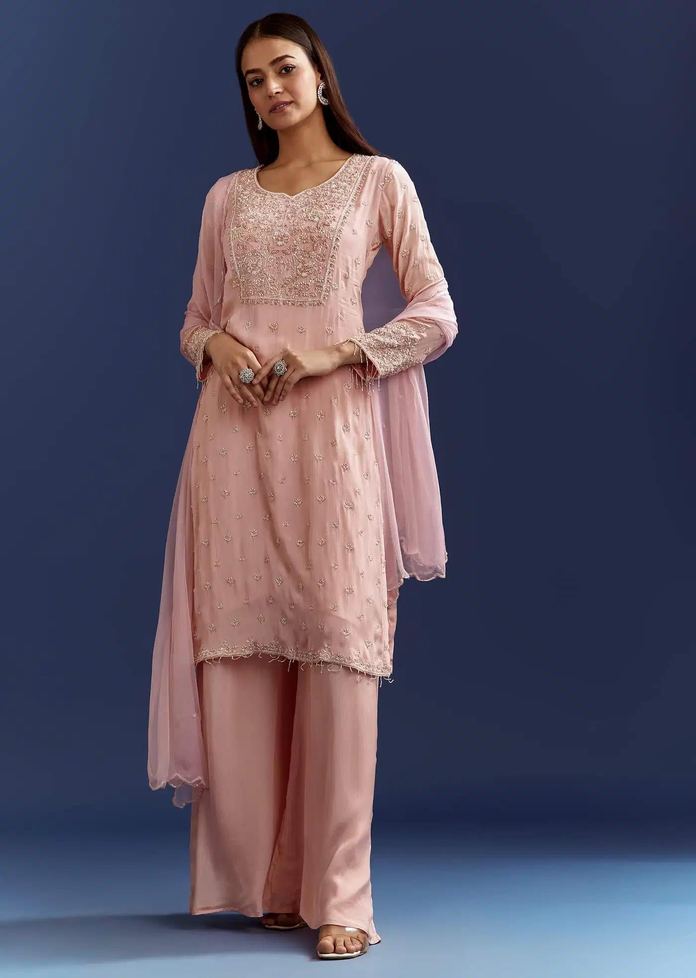 Baby Pink Moti Handcrafted Detailing Tunic Ensemble Featuring Drape