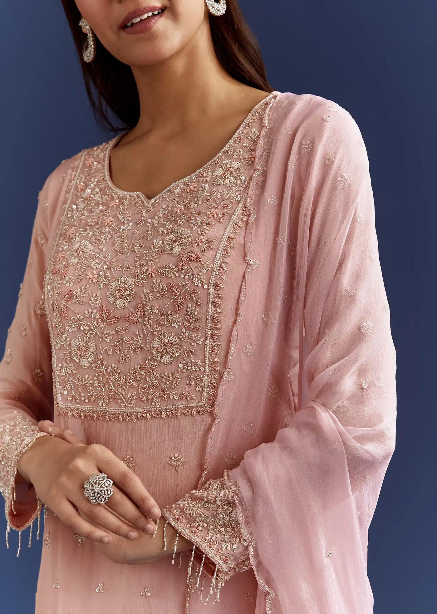 Baby Pink Moti Handcrafted Detailing Tunic Ensemble Featuring Drape