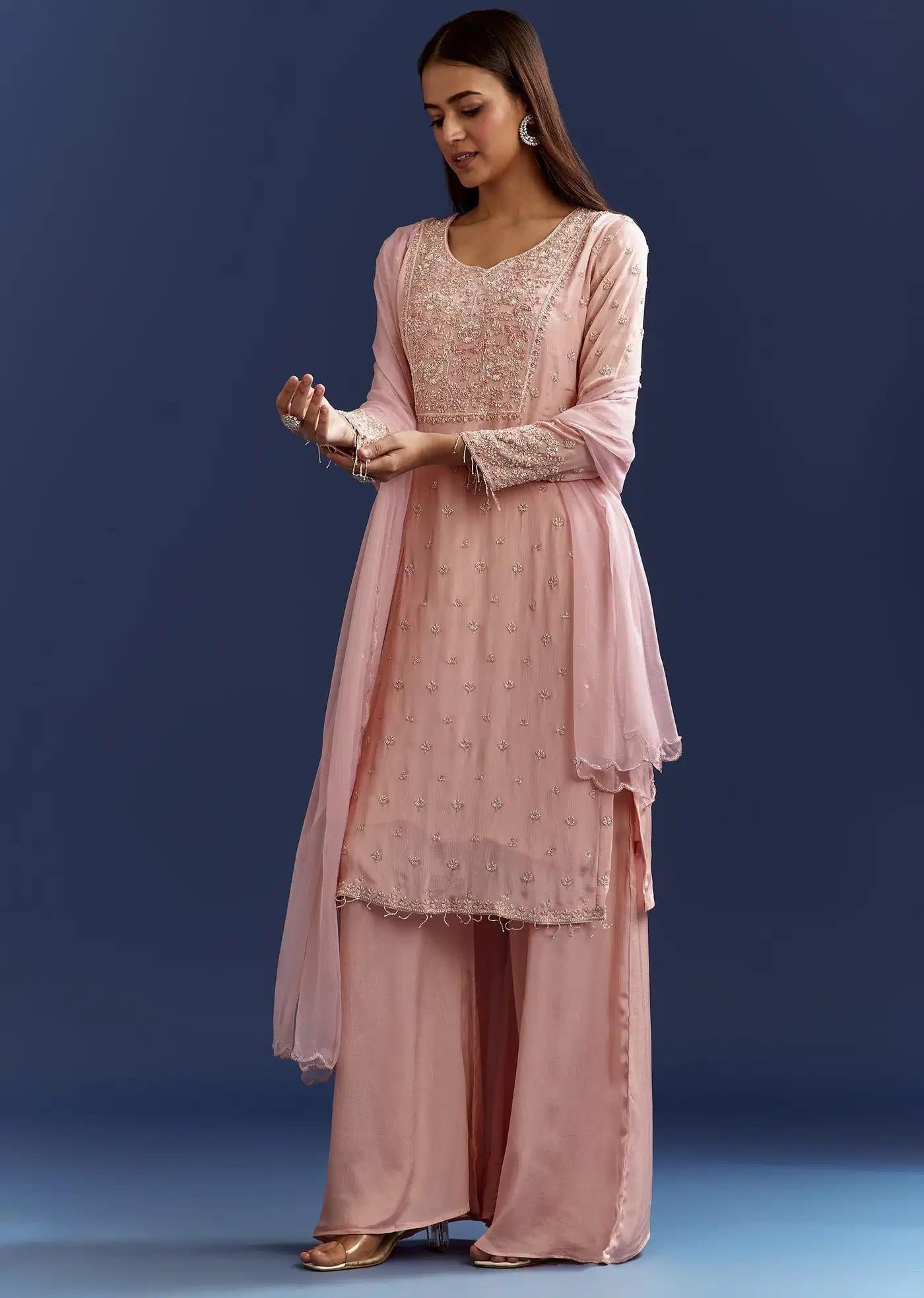 Baby Pink Moti Handcrafted Detailing Tunic Ensemble Featuring Drape
