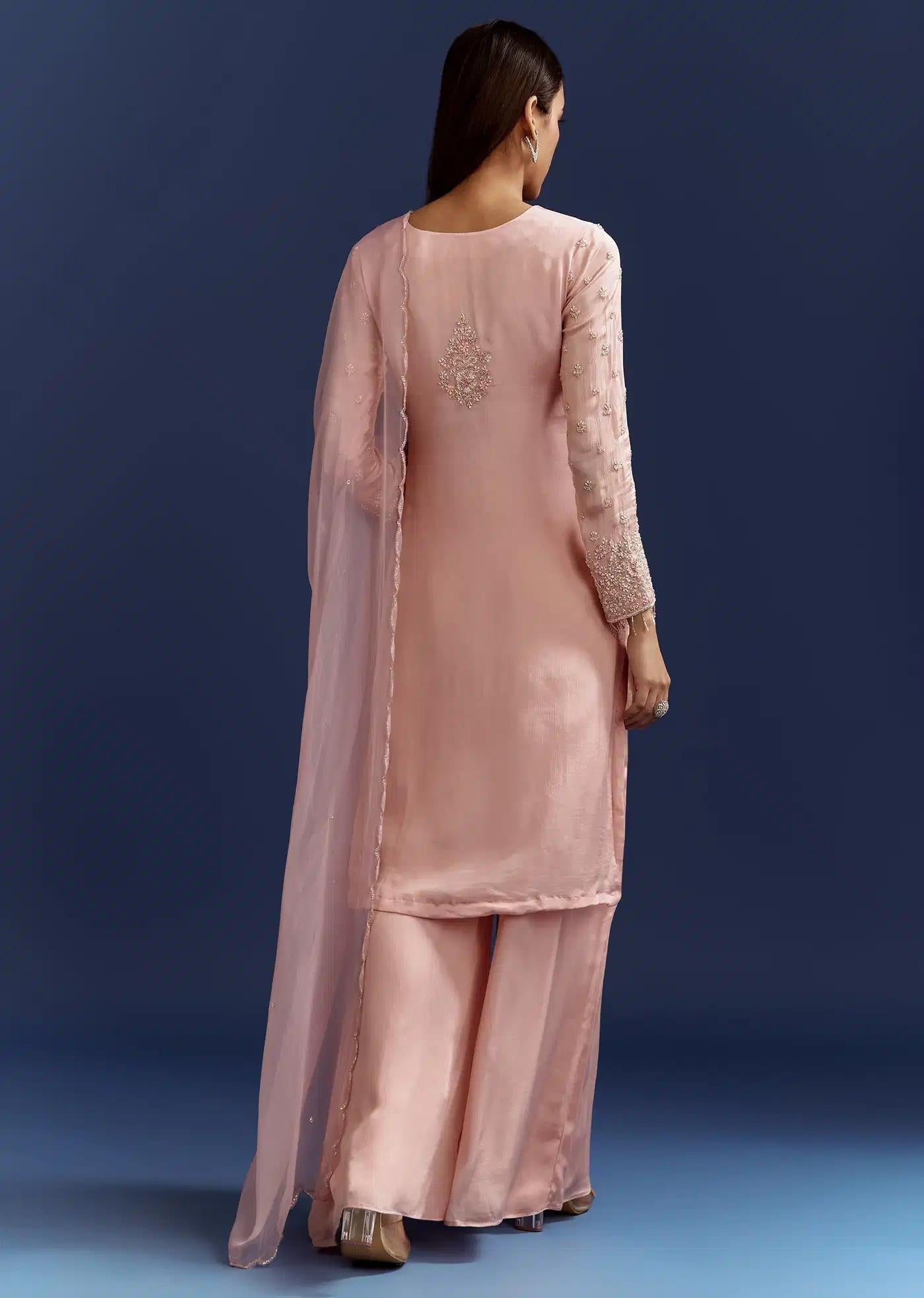 Baby Pink Moti Handcrafted Detailing Tunic Ensemble Featuring Drape