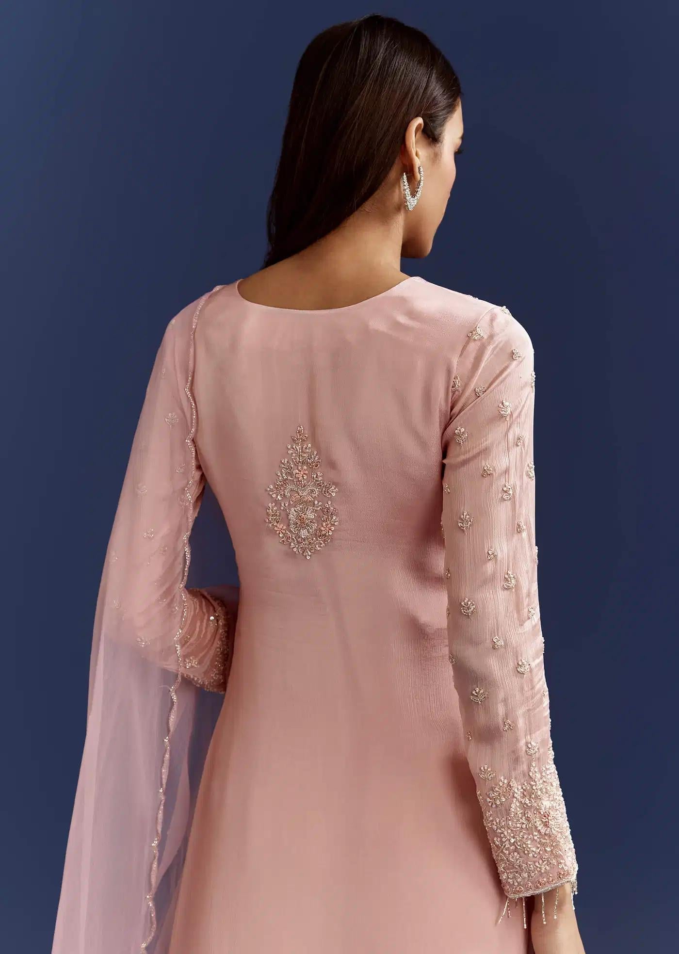 Baby Pink Moti Handcrafted Detailing Tunic Ensemble Featuring Drape