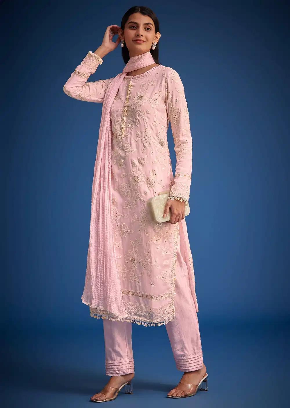 Baby Pink Organza Embroidered Straight Kurta Ensemble Outfit