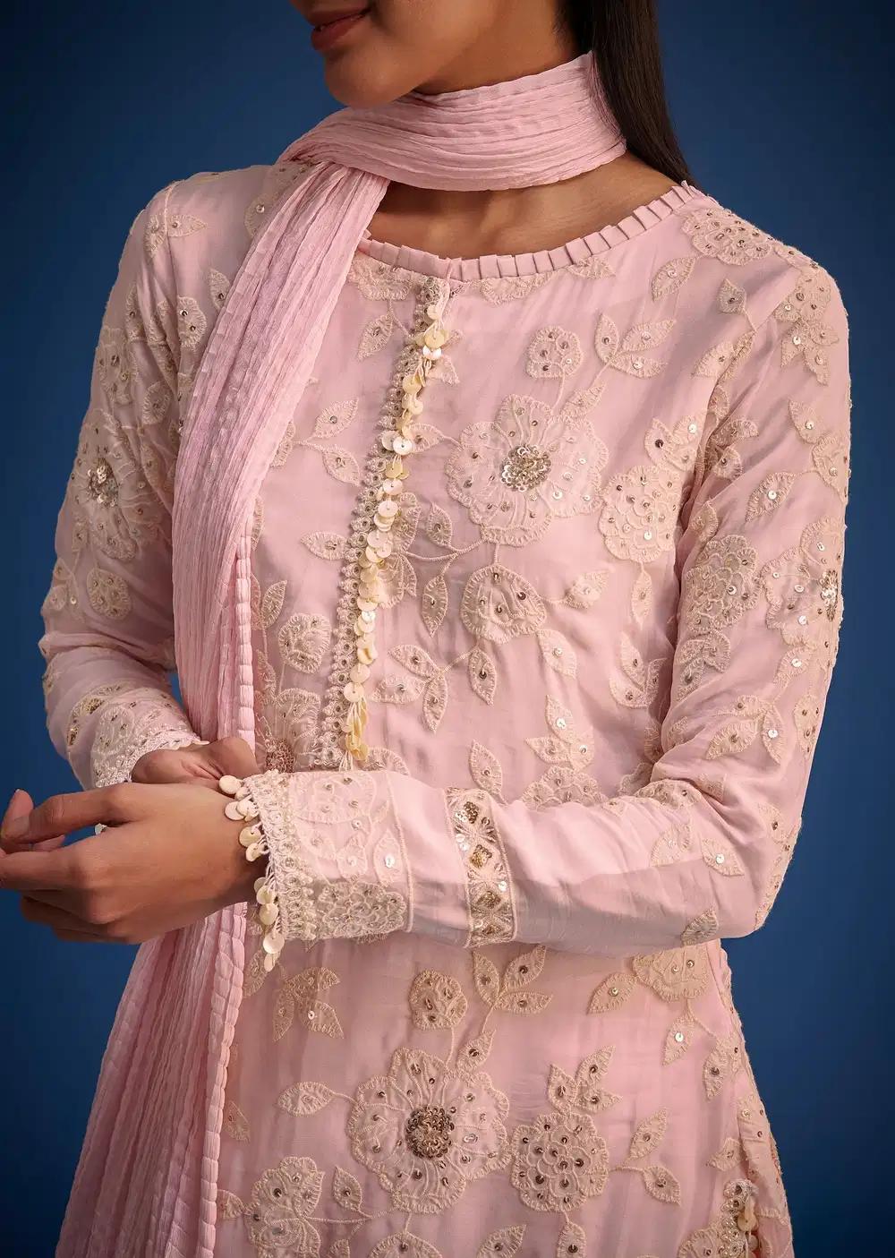 Baby Pink Organza Embroidered Straight Kurta Ensemble Outfit