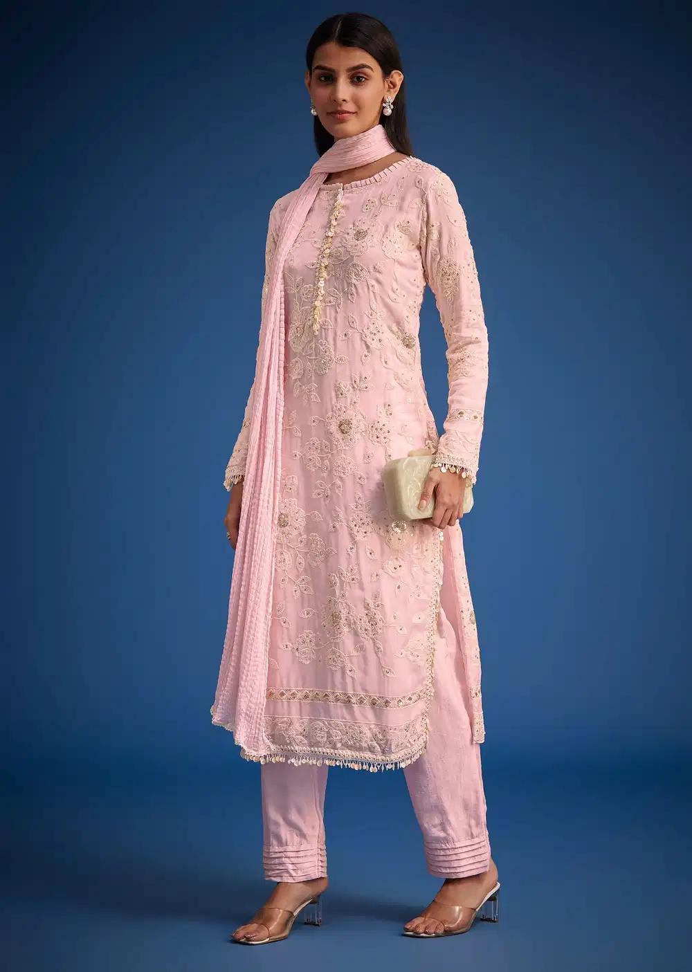 Baby Pink Organza Embroidered Straight Kurta Ensemble Outfit