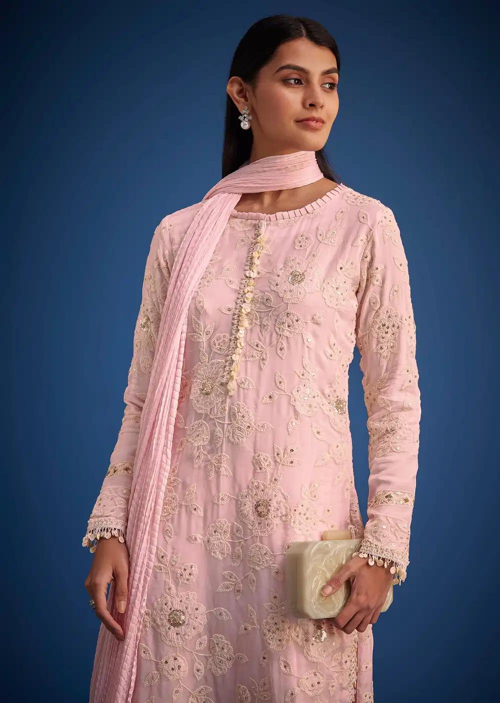 Baby Pink Organza Embroidered Straight Kurta Ensemble Outfit
