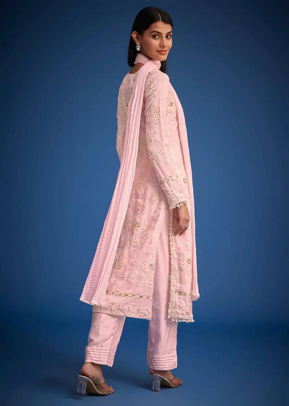 Baby Pink Organza Embroidered Straight Kurta Ensemble Outfit