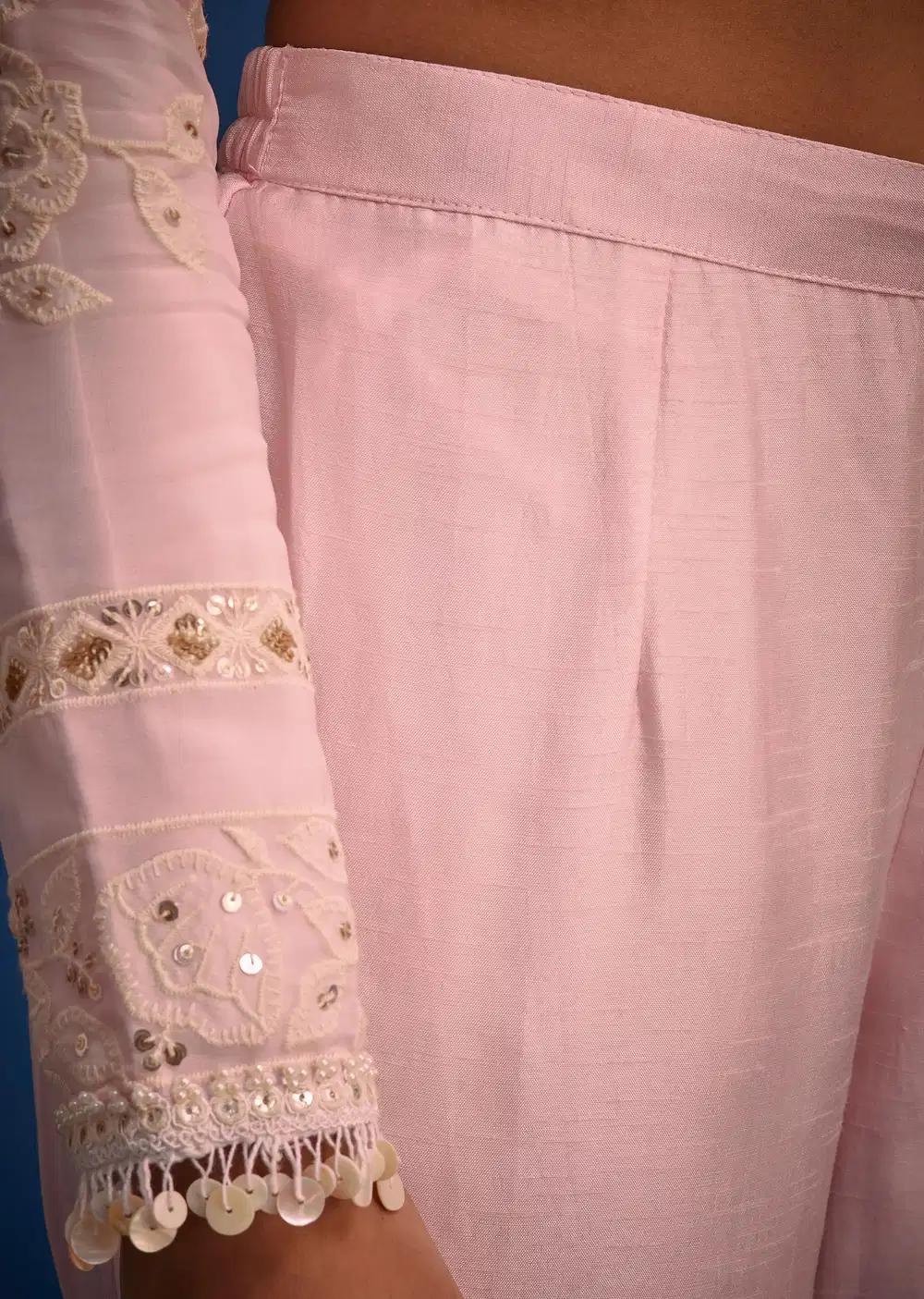Baby Pink Organza Embroidered Straight Kurta Ensemble Outfit