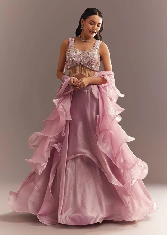Baby Pink Organza Ruffled Lehenga Skirt Blouse Featuring Sequins