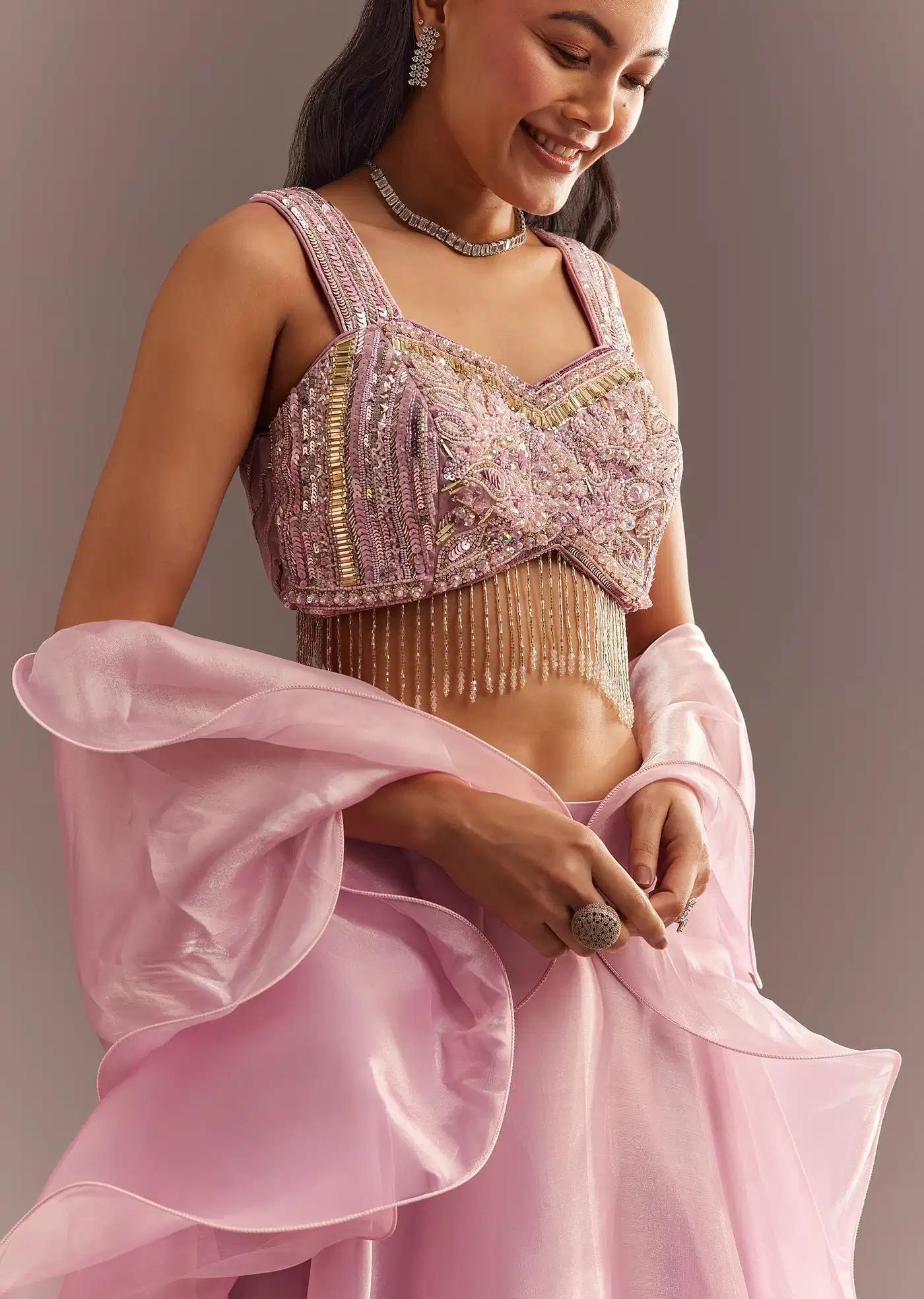 Baby Pink Organza Ruffled Lehenga Skirt Blouse Featuring Sequins