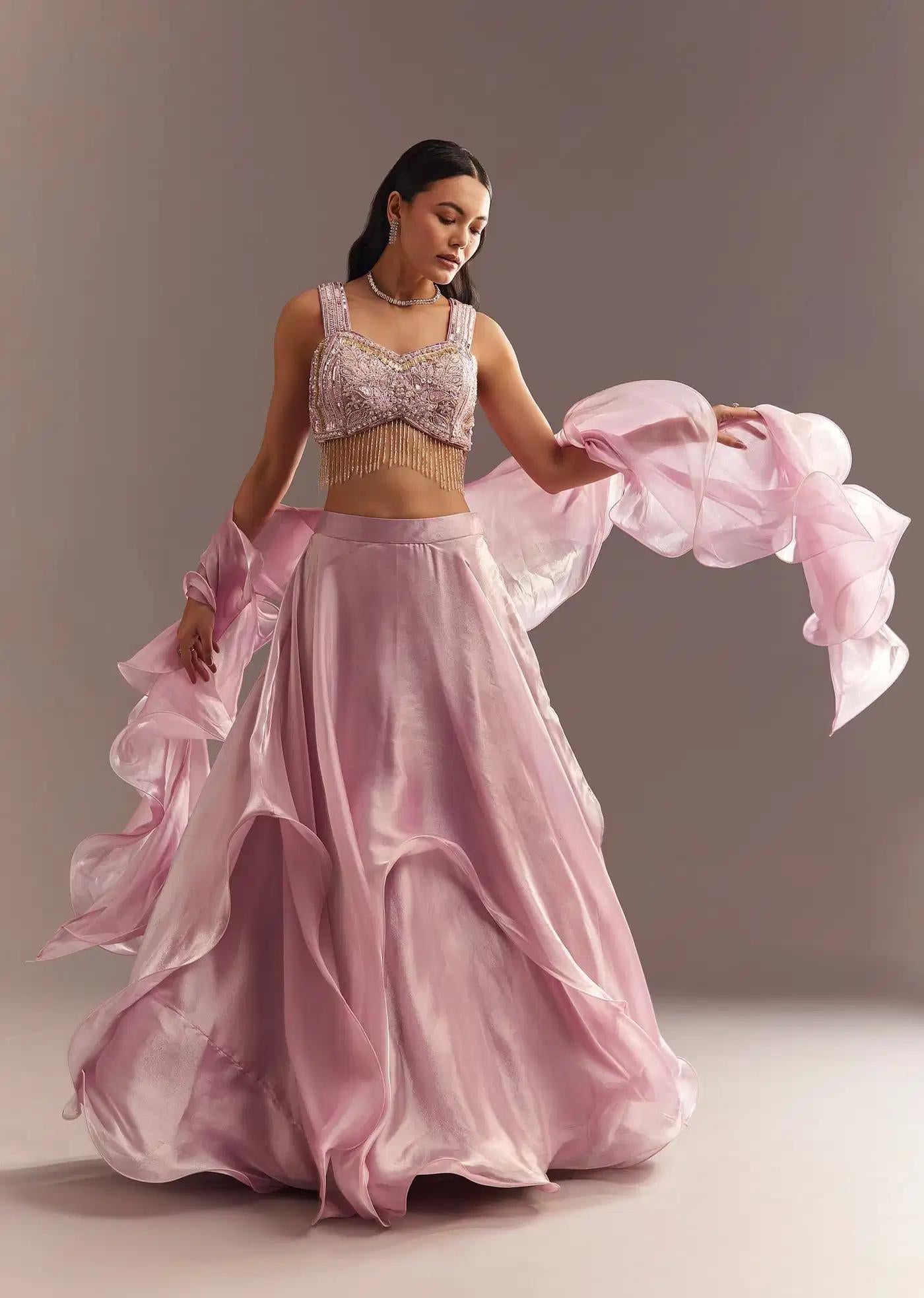 Baby Pink Organza Ruffled Lehenga Skirt Blouse Featuring Sequins