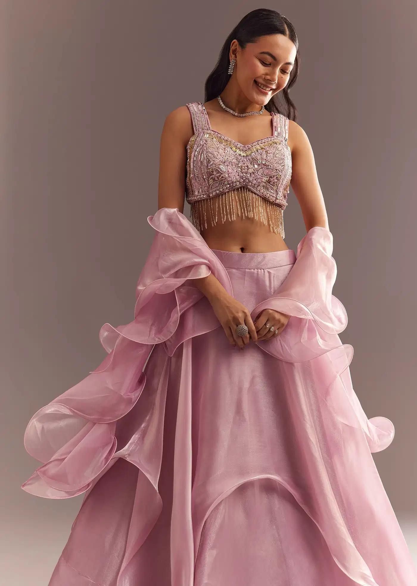 Baby Pink Organza Ruffled Lehenga Skirt Blouse Featuring Sequins