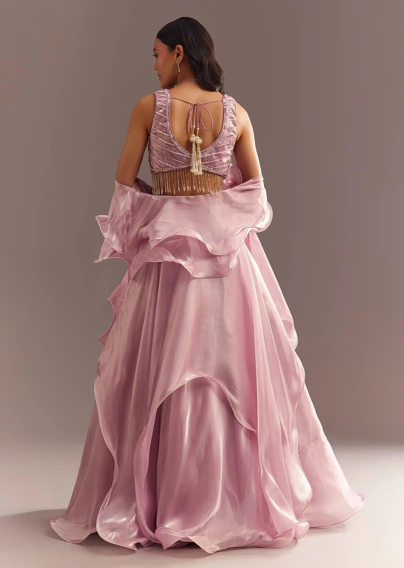 Baby Pink Organza Ruffled Lehenga Skirt Blouse Featuring Sequins