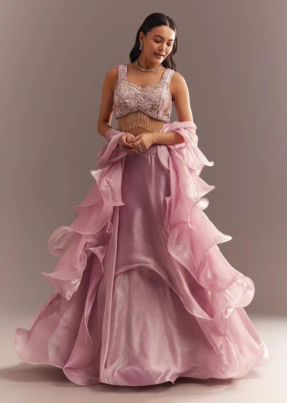 Baby Pink Organza Ruffled Lehenga Skirt Blouse Featuring Sequins