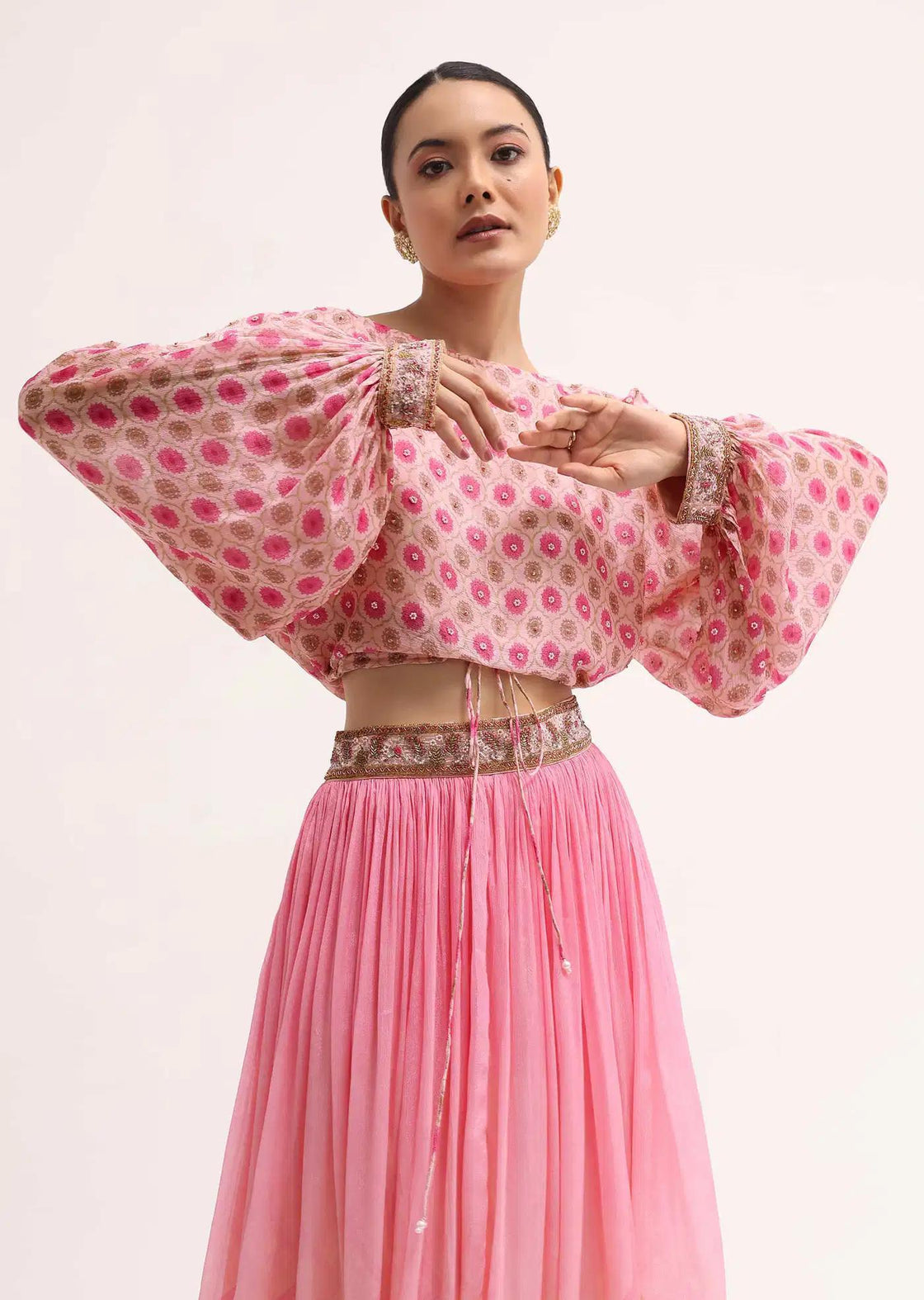 Baby Pink Printed Chiffon Crop Top Skirt