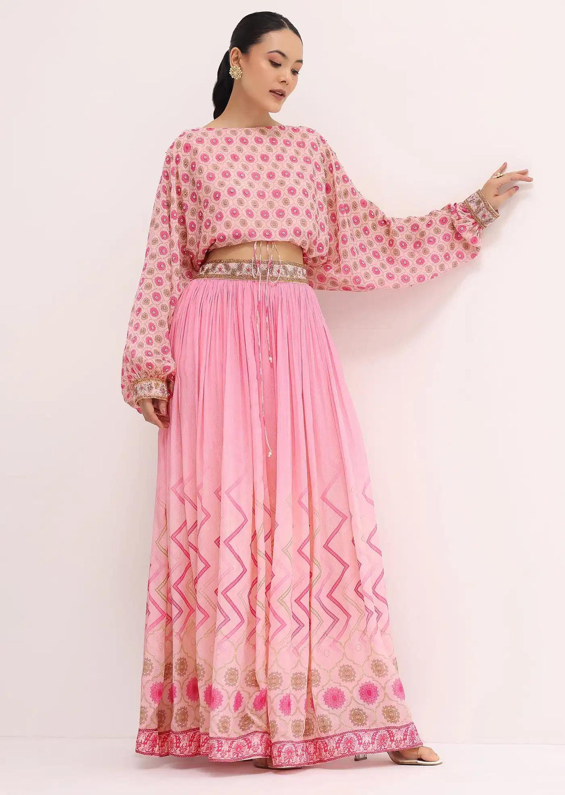Baby Pink Printed Chiffon Crop Top Skirt