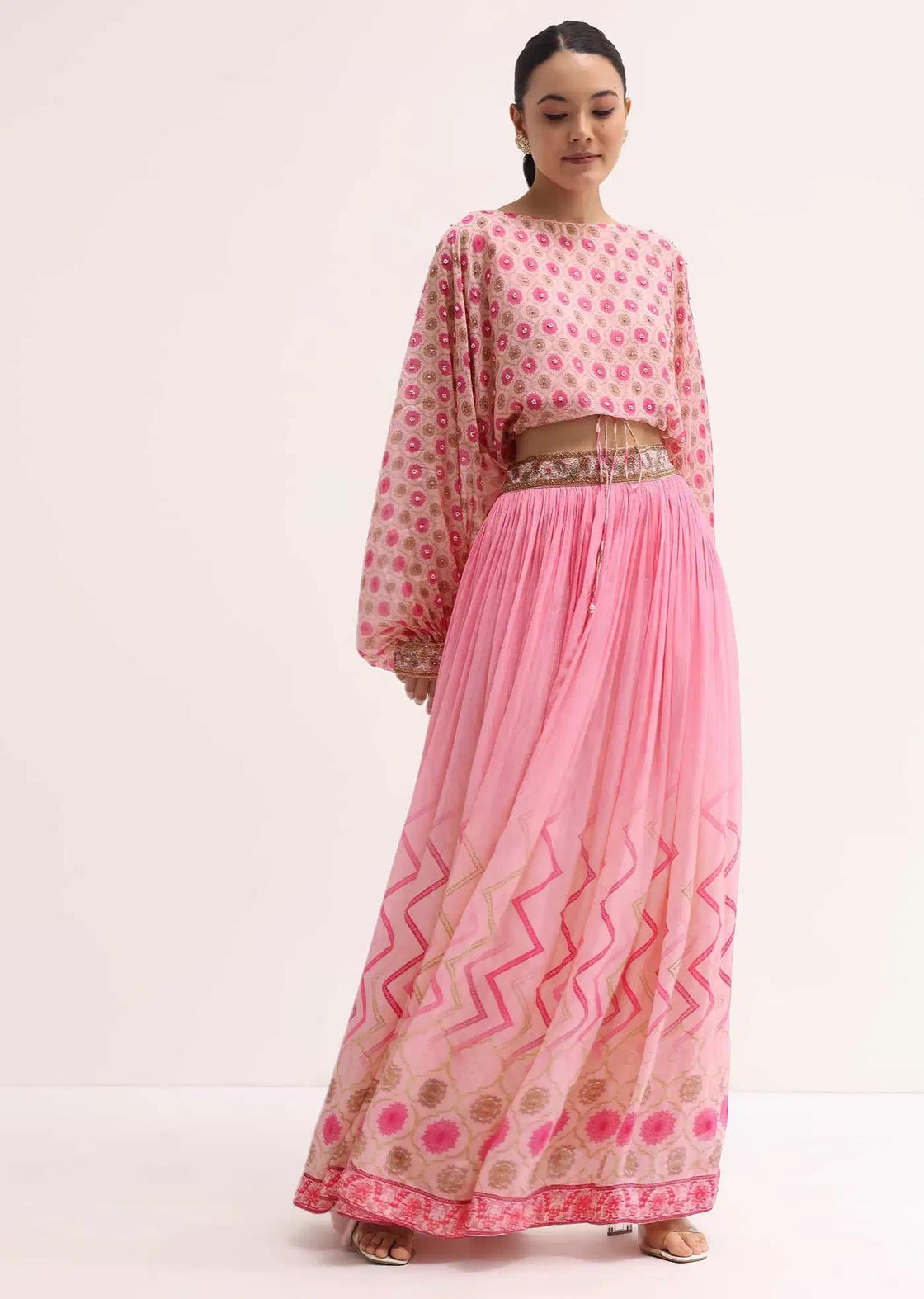 Baby Pink Printed Chiffon Crop Top Skirt