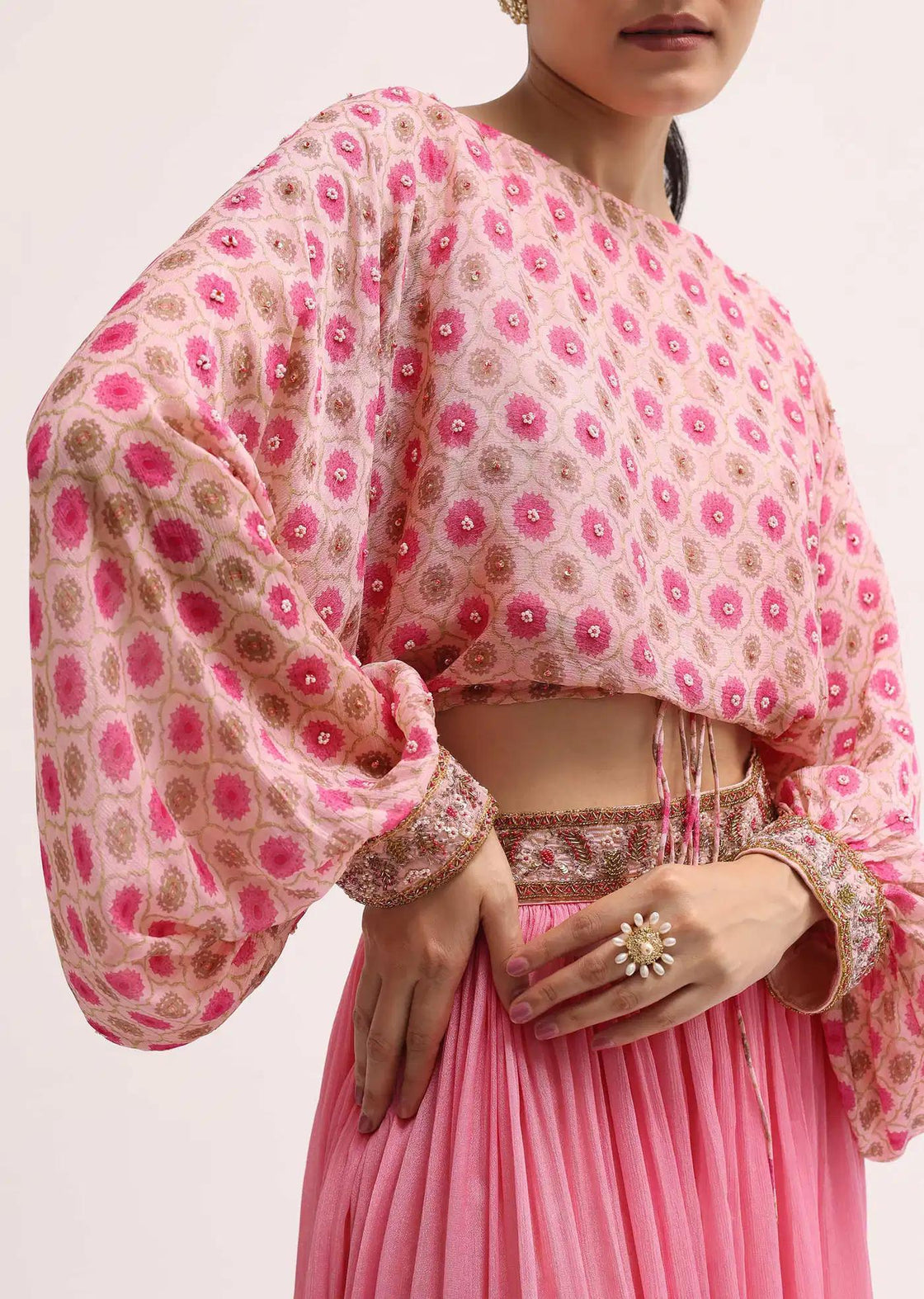 Baby Pink Printed Chiffon Crop Top Skirt