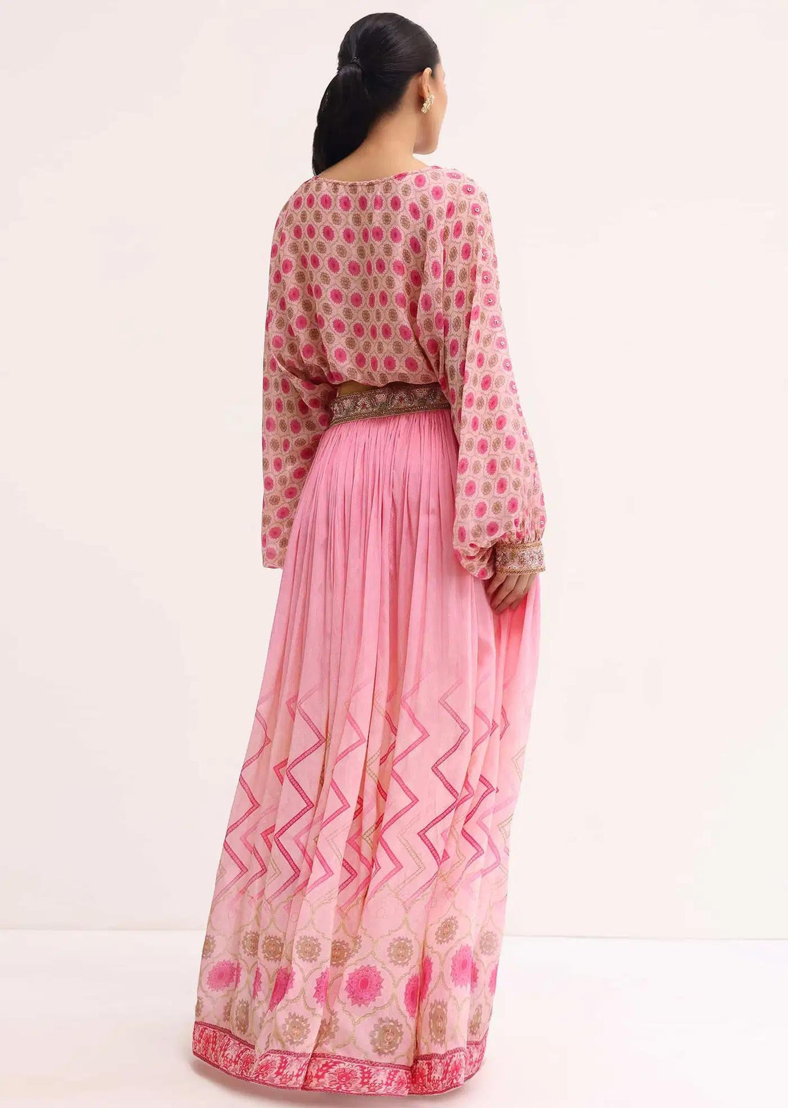 Baby Pink Printed Chiffon Crop Top Skirt