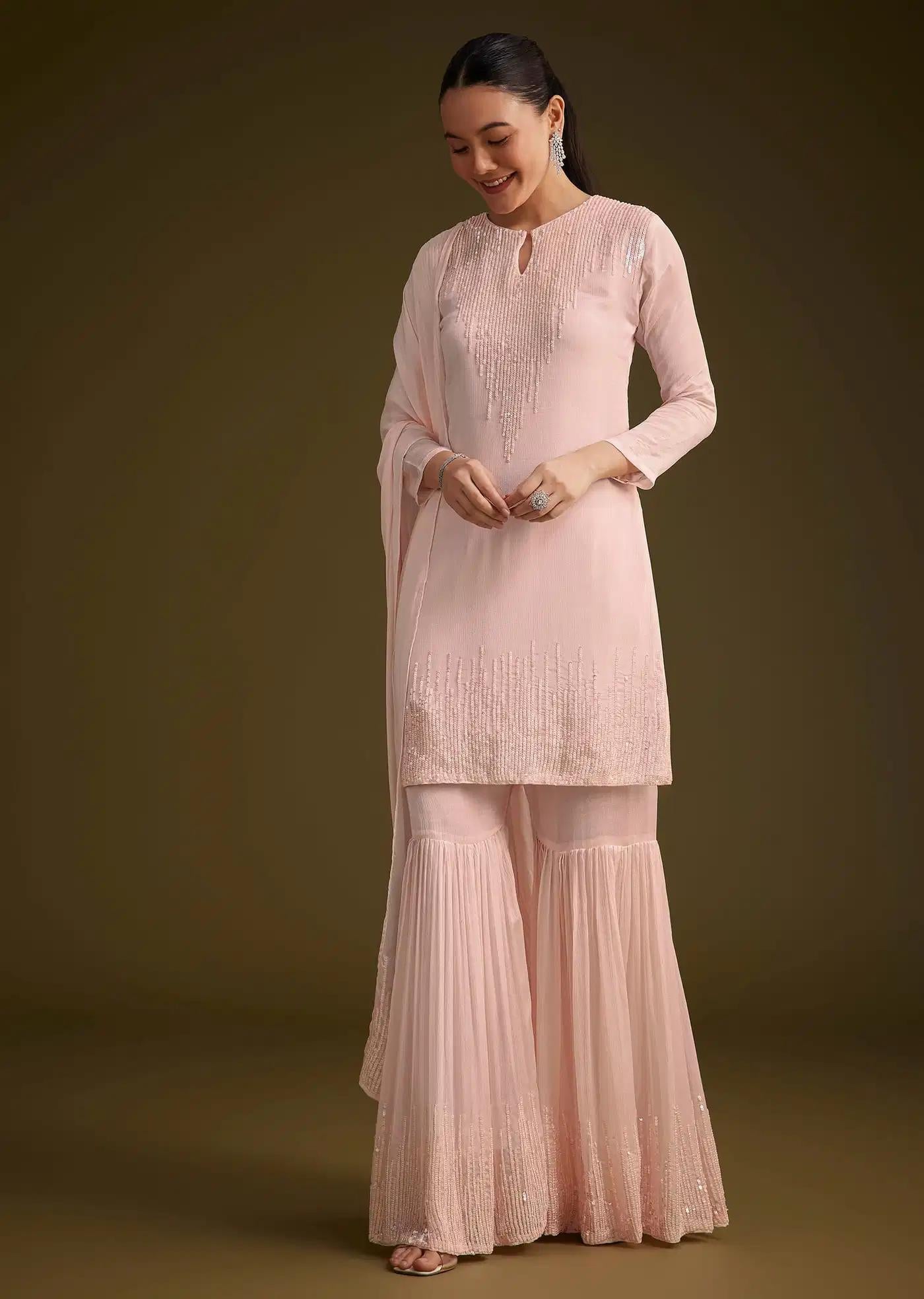 Baby Pink Sequined Chinon Sharara Trousers Ensemble