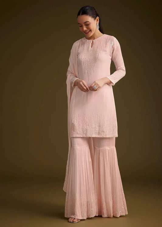 Baby Pink Sequined Chinon Sharara Trousers Ensemble