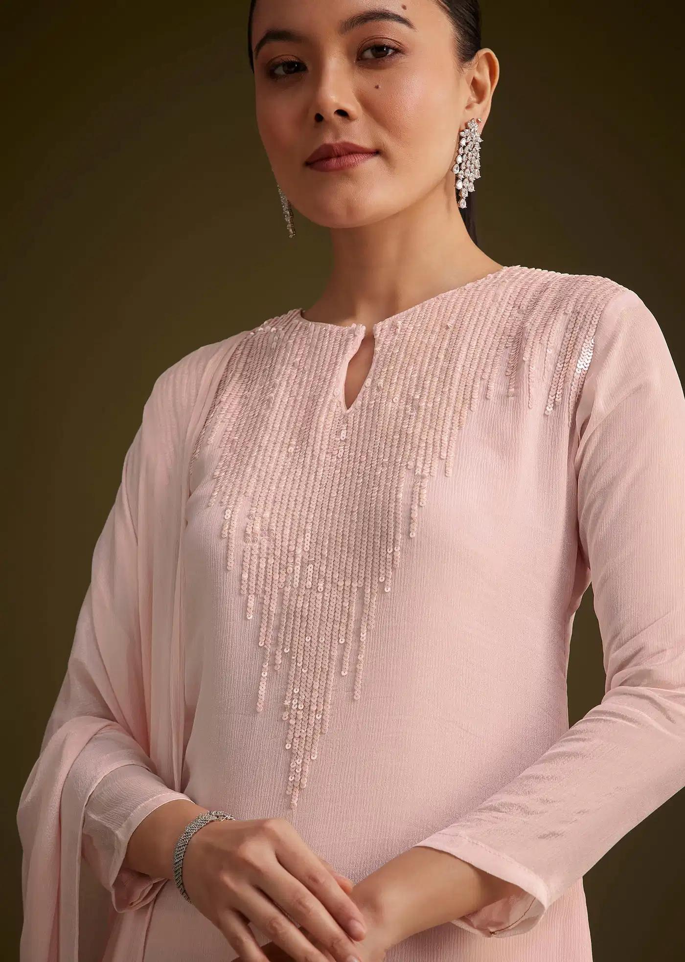 Baby Pink Sequined Chinon Sharara Trousers Ensemble
