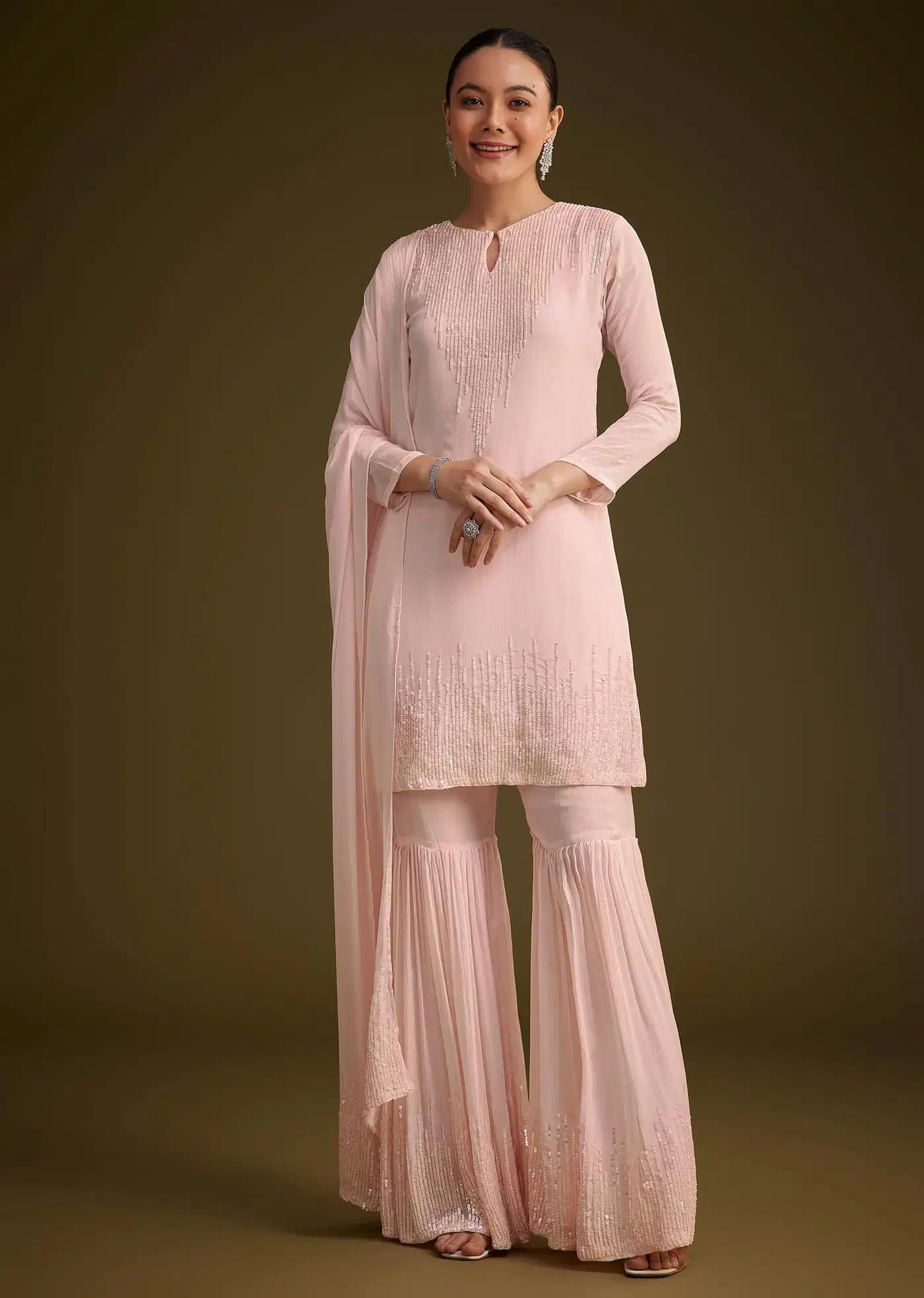Baby Pink Sequined Chinon Sharara Trousers Ensemble