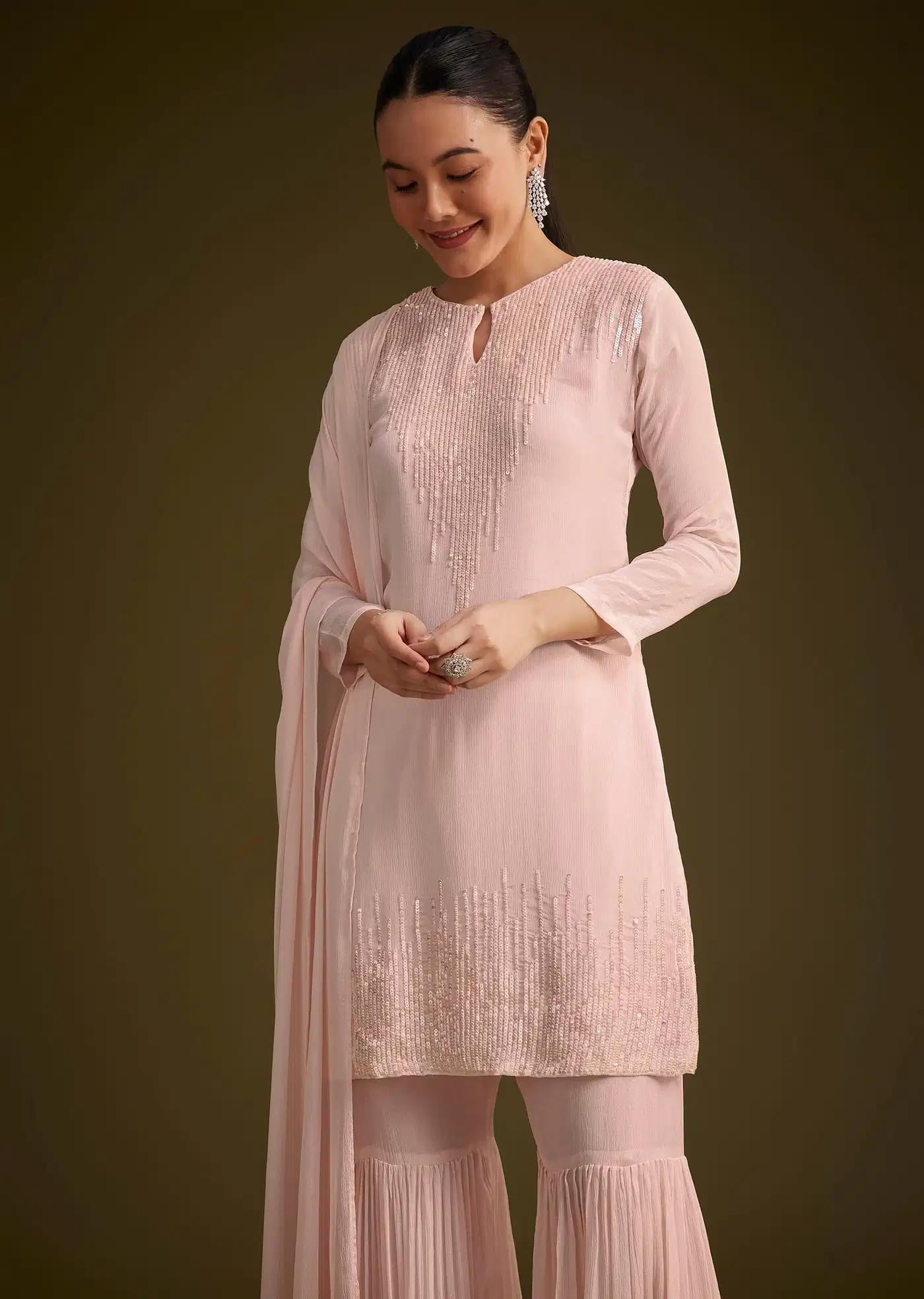 Baby Pink Sequined Chinon Sharara Trousers Ensemble