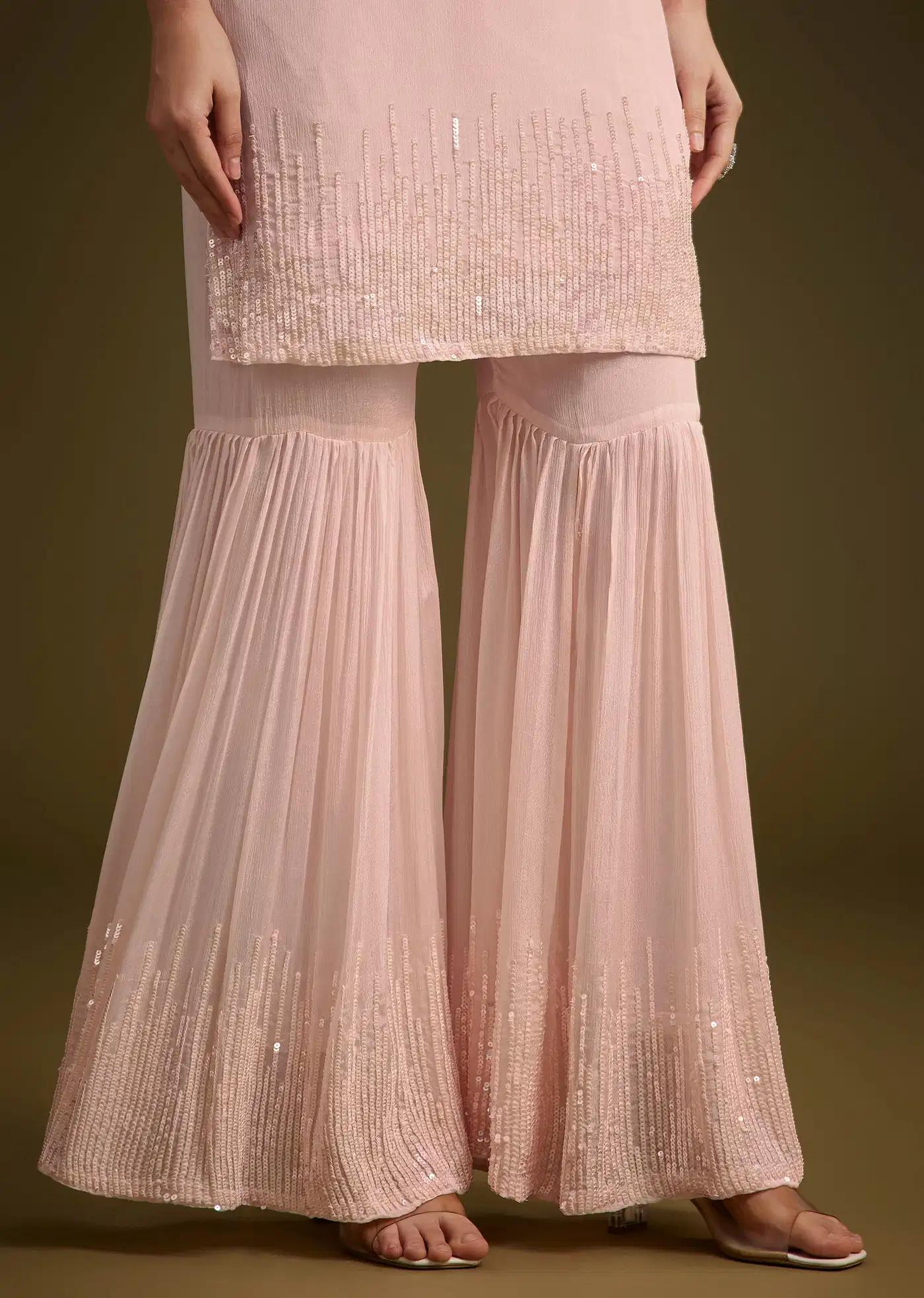 Baby Pink Sequined Chinon Sharara Trousers Ensemble