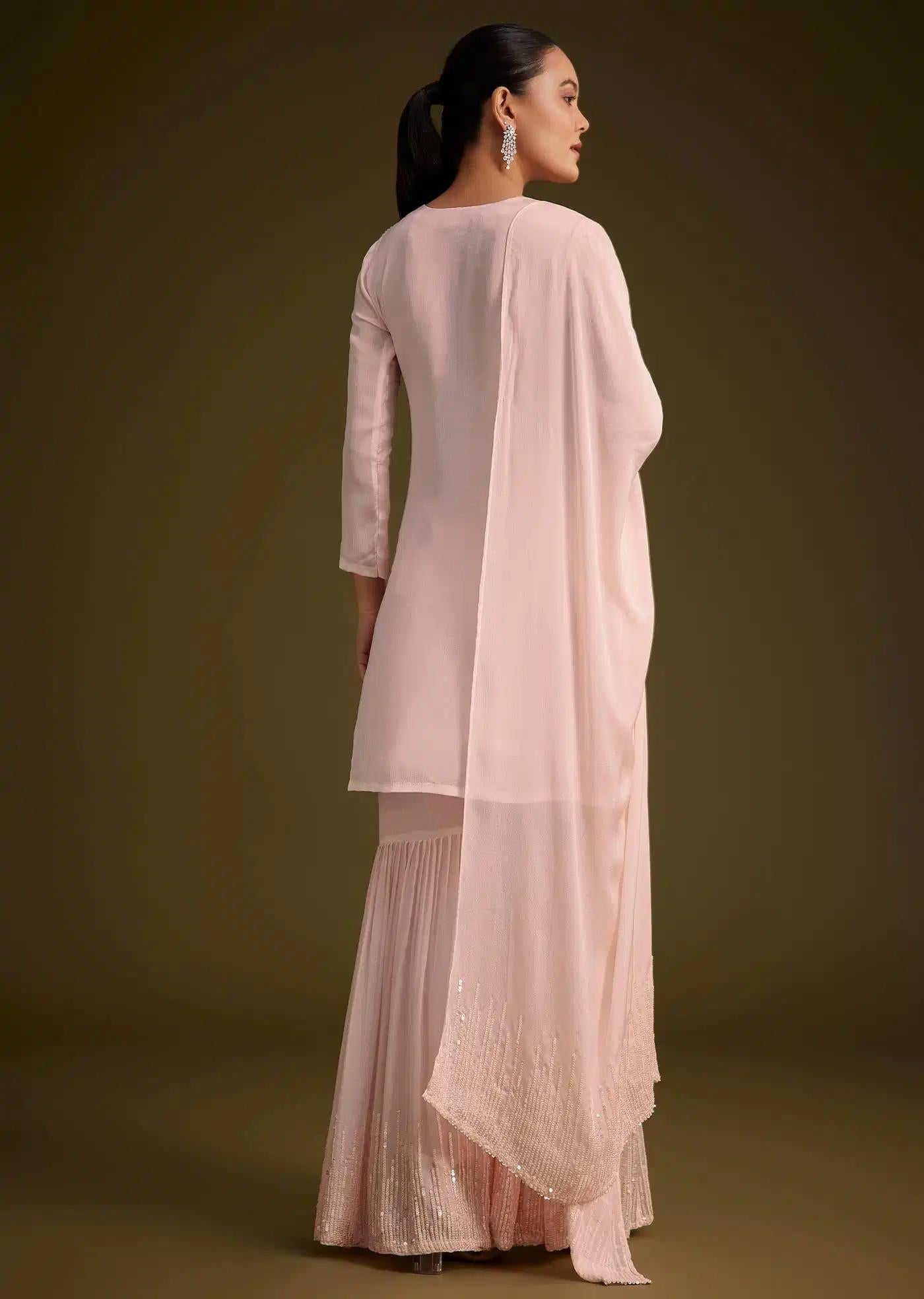 Baby Pink Sequined Chinon Sharara Trousers Ensemble