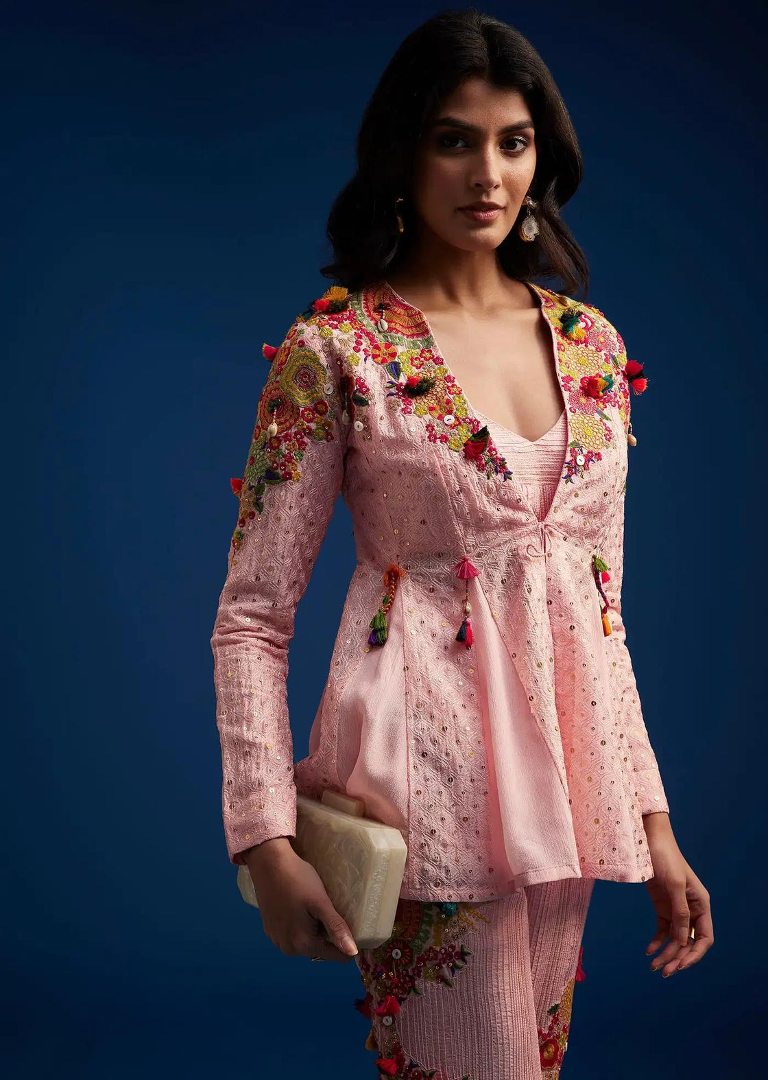 Baby Pink Silk Palazzo Suit Embroidered With Resham Threads