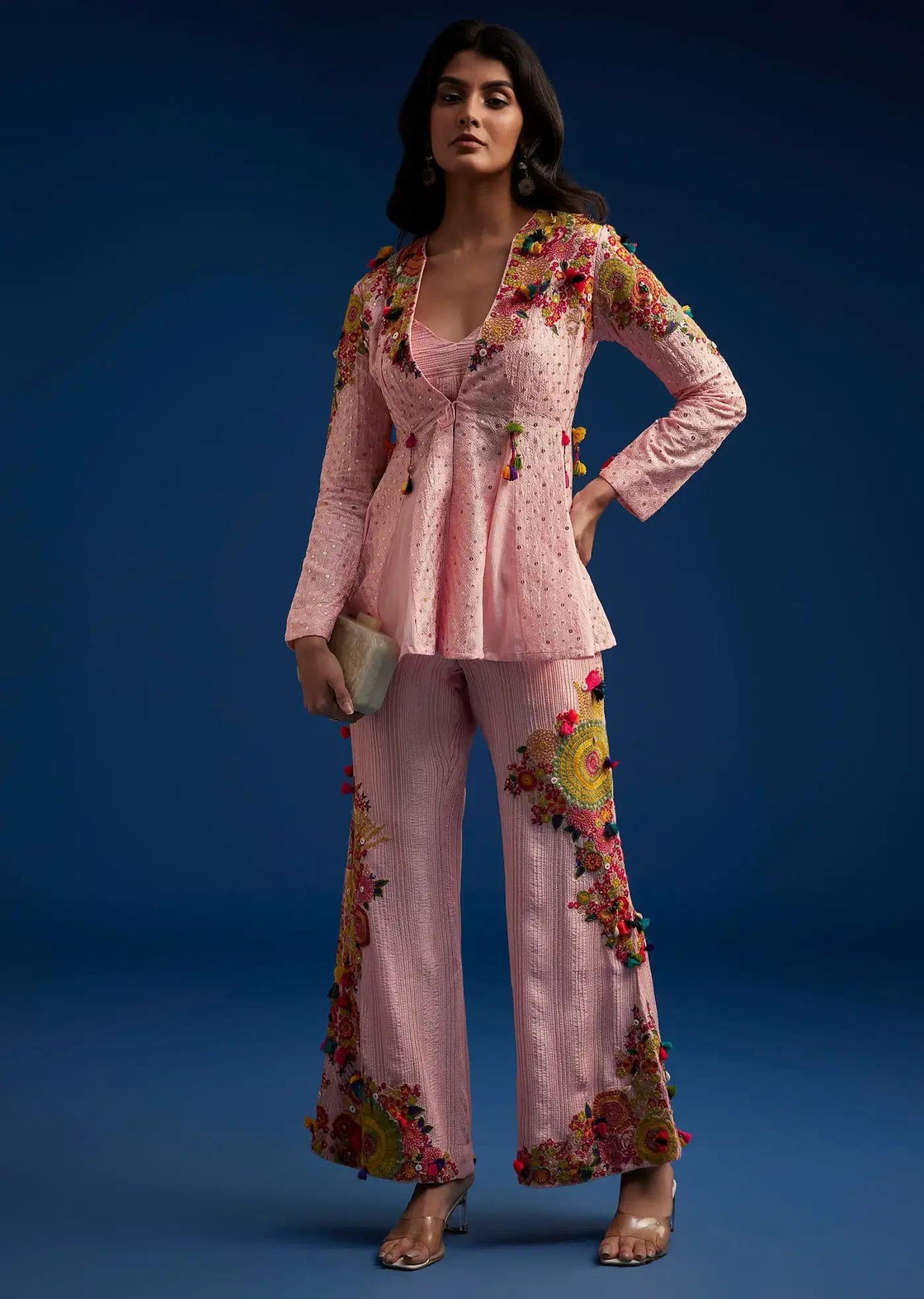 Baby Pink Silk Palazzo Suit Embroidered With Resham Threads
