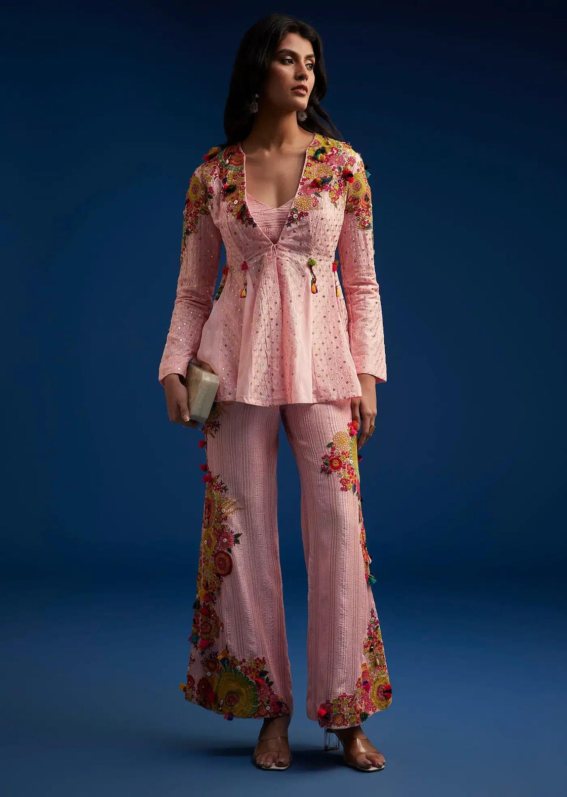 Baby Pink Silk Palazzo Suit Embroidered With Resham Threads