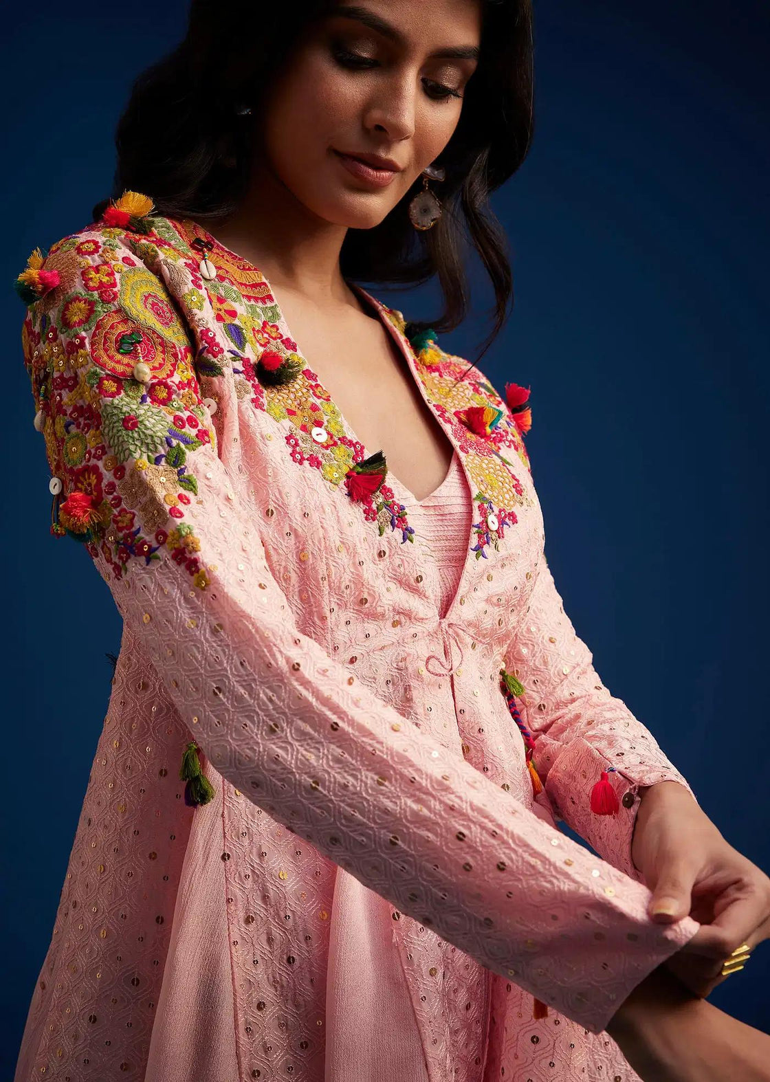 Baby Pink Silk Palazzo Suit Embroidered With Resham Threads