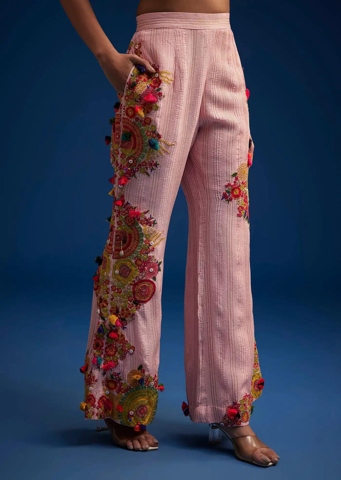 Baby Pink Silk Palazzo Suit Embroidered With Resham Threads