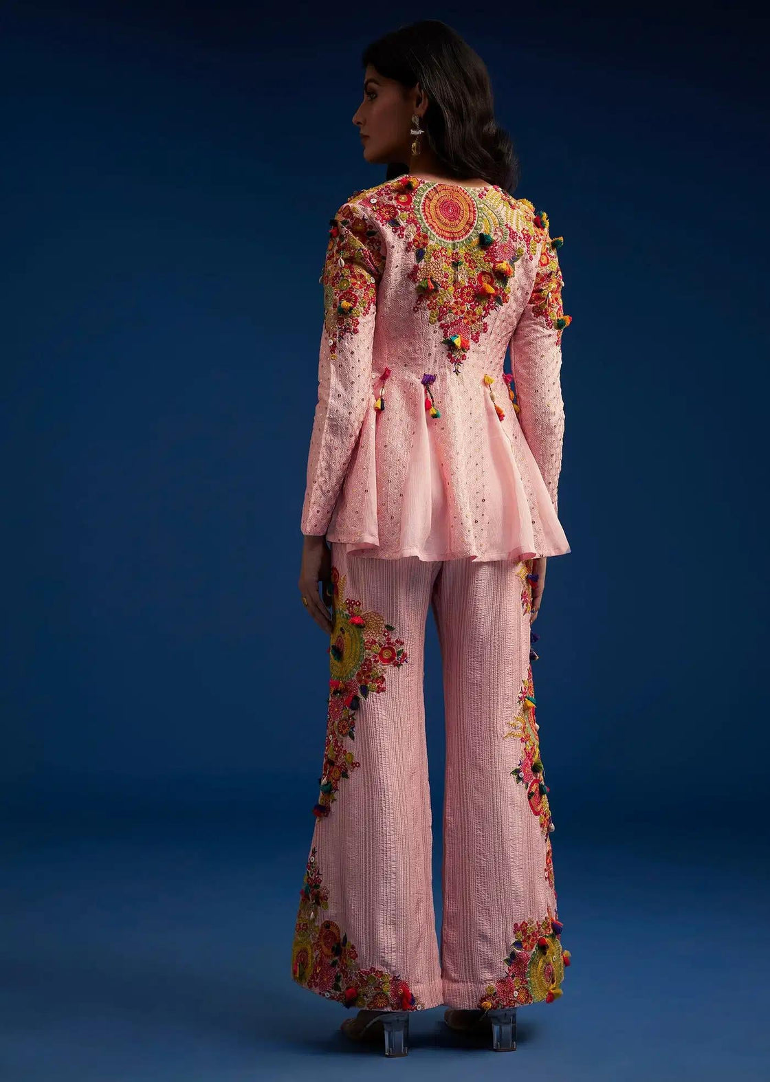 Baby Pink Silk Palazzo Suit Embroidered With Resham Threads