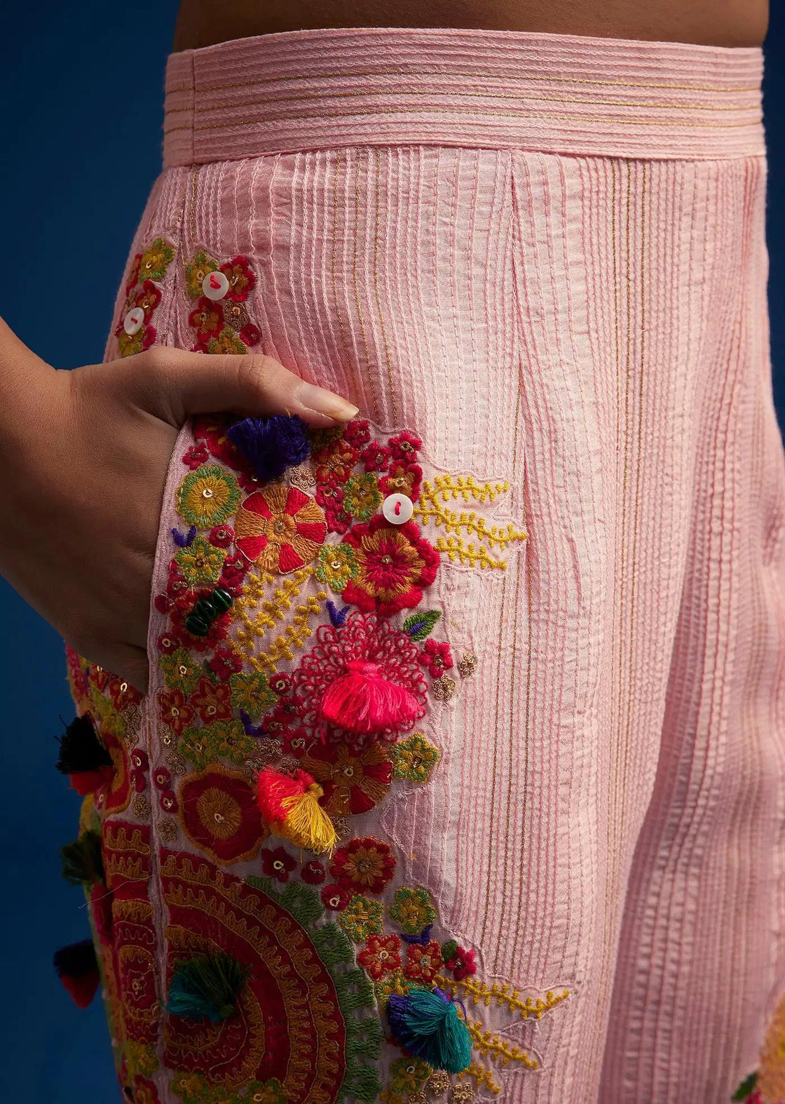 Baby Pink Silk Palazzo Suit Embroidered With Resham Threads