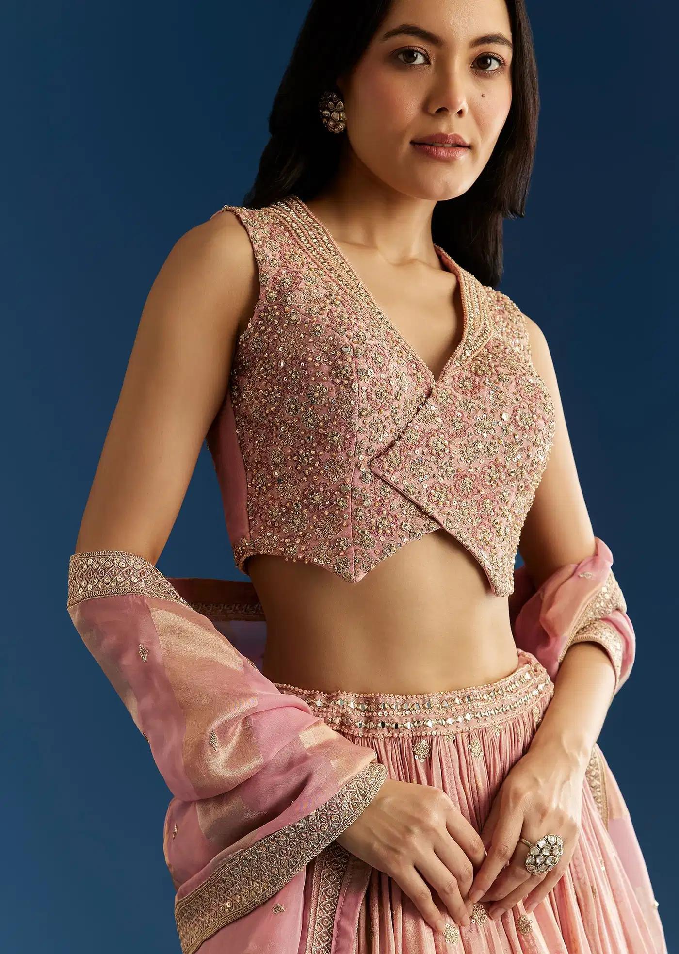 Baby Pink Tissue Lehenga Skirt Ensemble Featuring Mirror Sequins Blouse