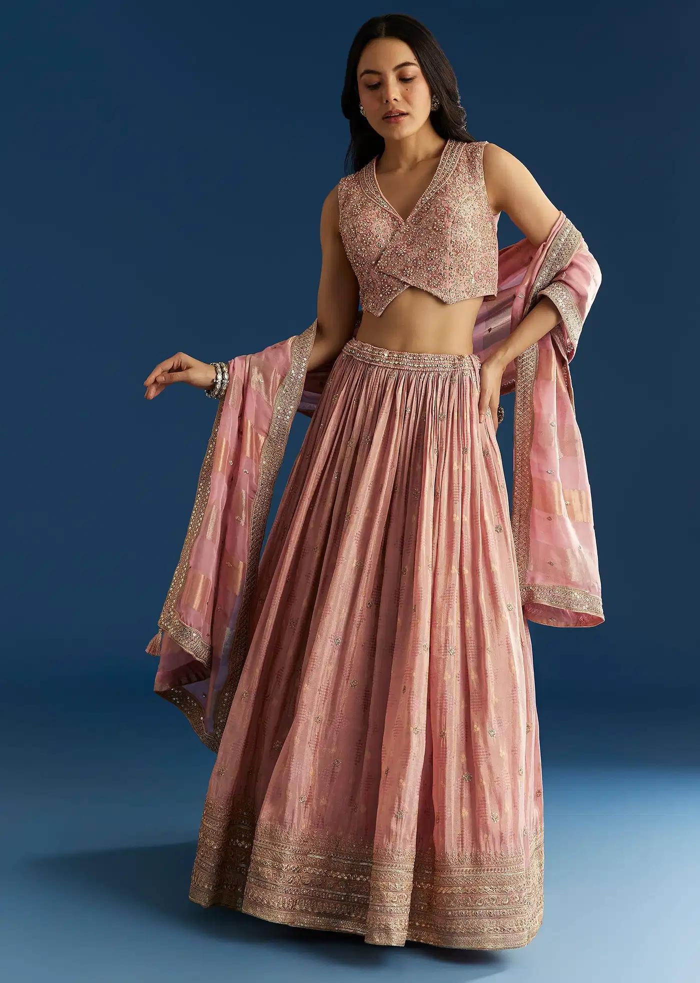 Baby Pink Tissue Lehenga Skirt Ensemble Featuring Mirror Sequins Blouse