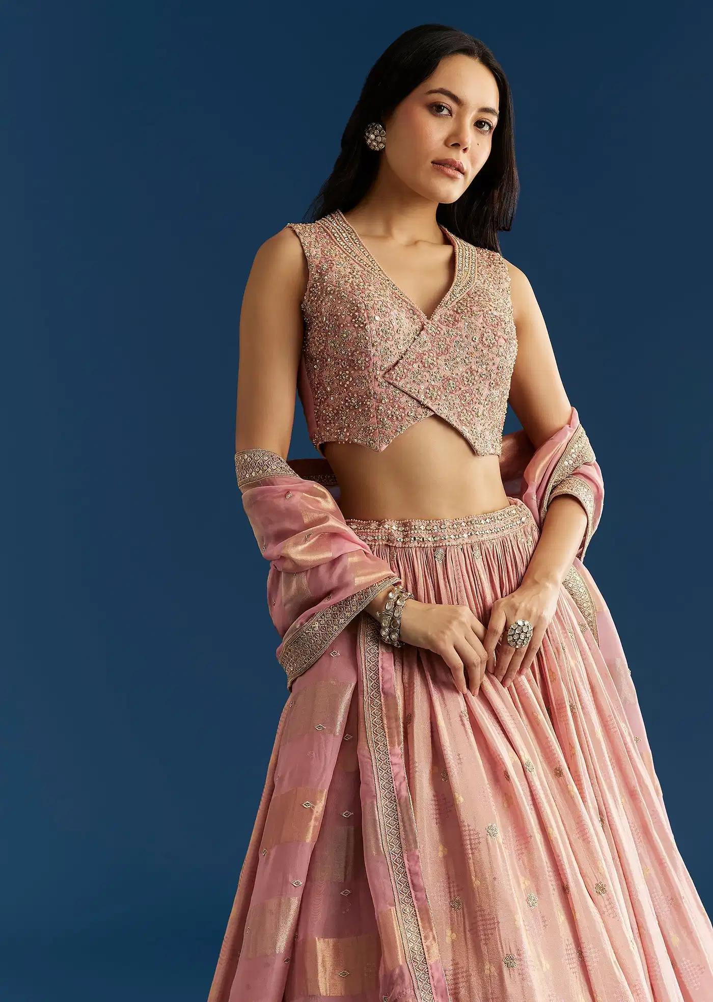 Baby Pink Tissue Lehenga Skirt Ensemble Featuring Mirror Sequins Blouse