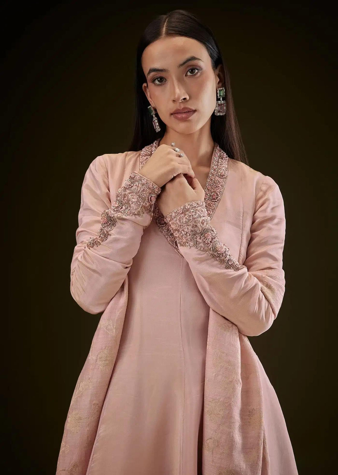 Baby Pink V Neck Anarkali Dress Featuring Patterned Drape